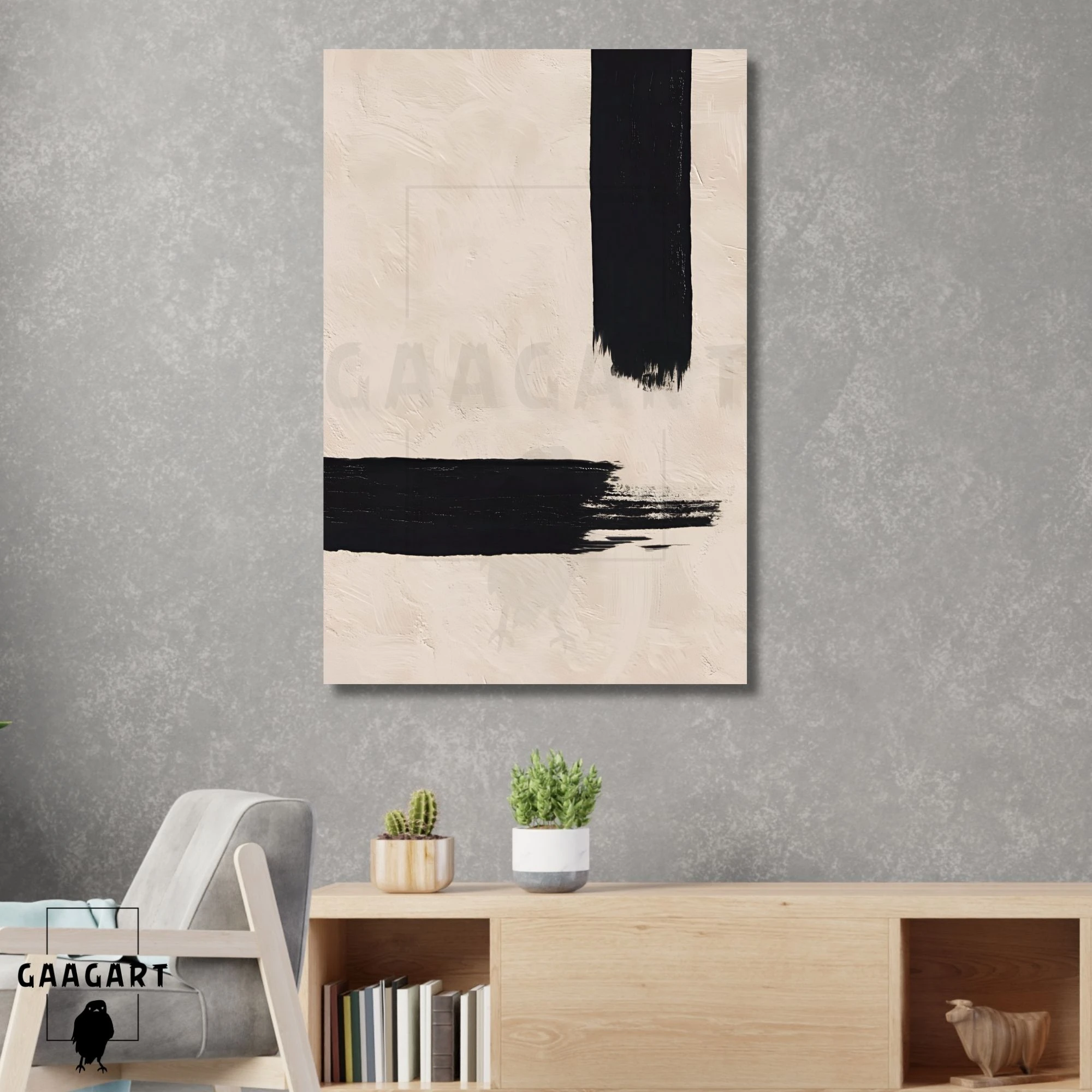 Tekli Dikey Kanvas Tablo Soyut Kremrengi Siyah Çizgi