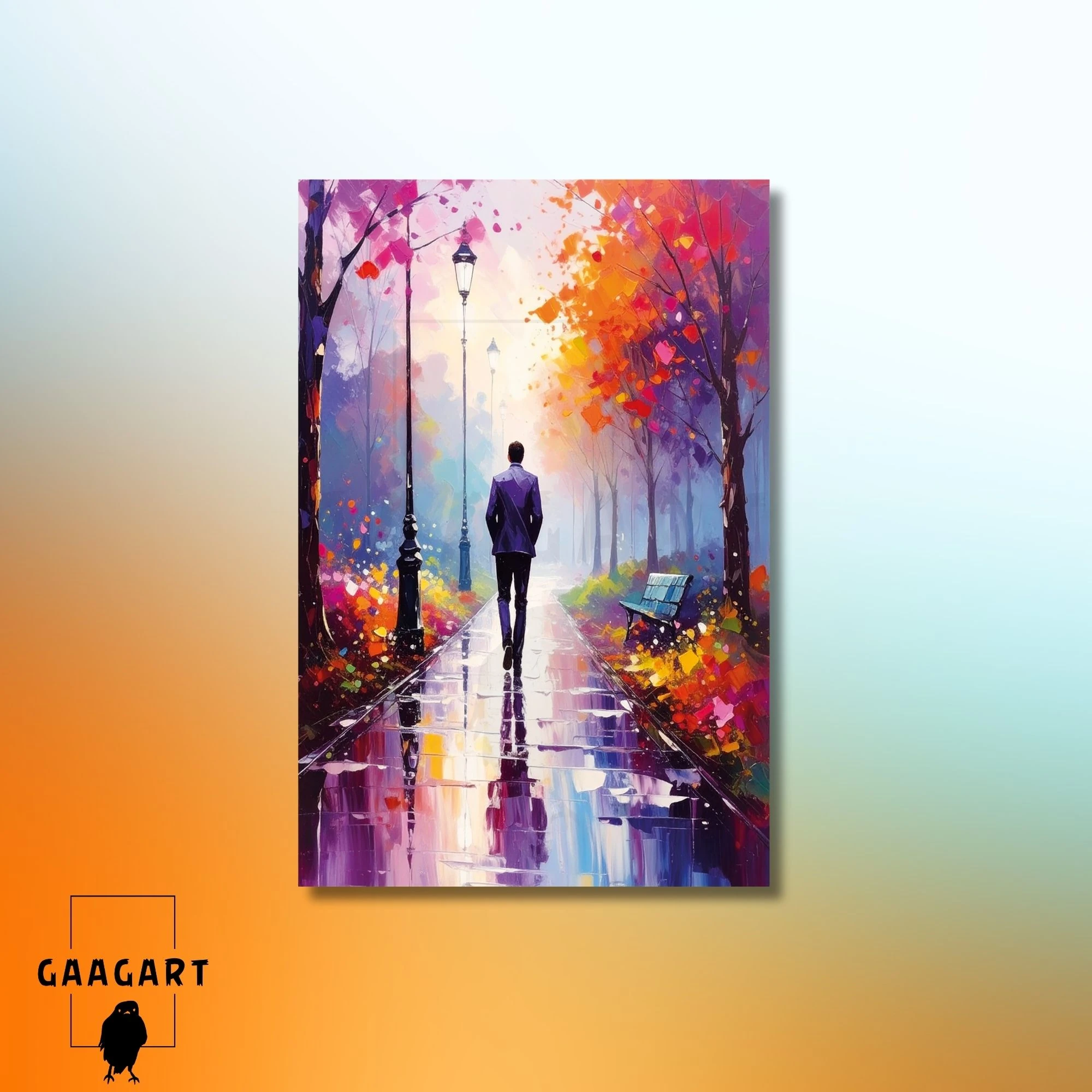 Tekli Dikey Kanvas Tablo Yağmurda Parkta Yürüyen Yalnız Adam