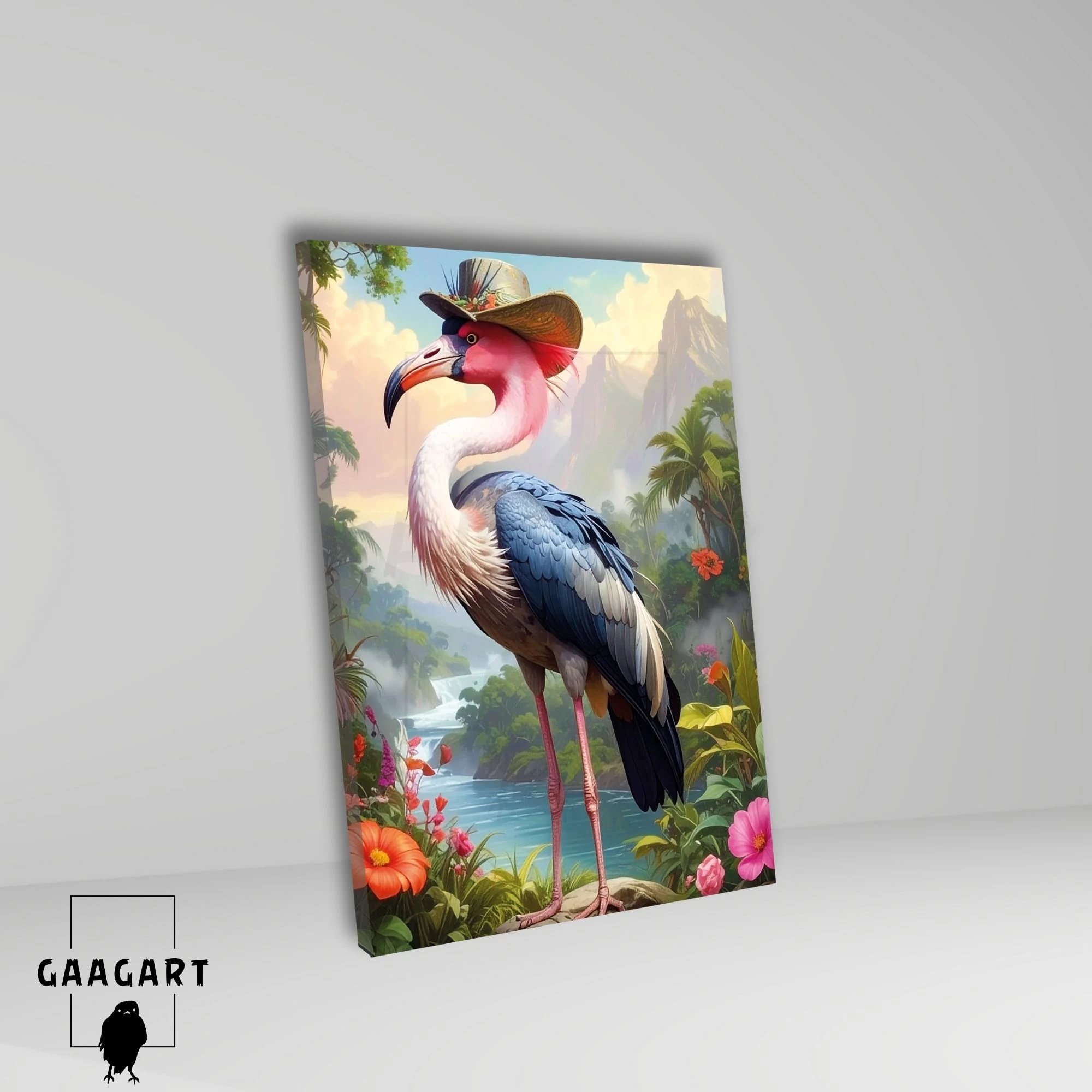 Tekli Dikey Kanvas Tablo Yüksek Kaliteli Renkli Şapkalı Flamingo