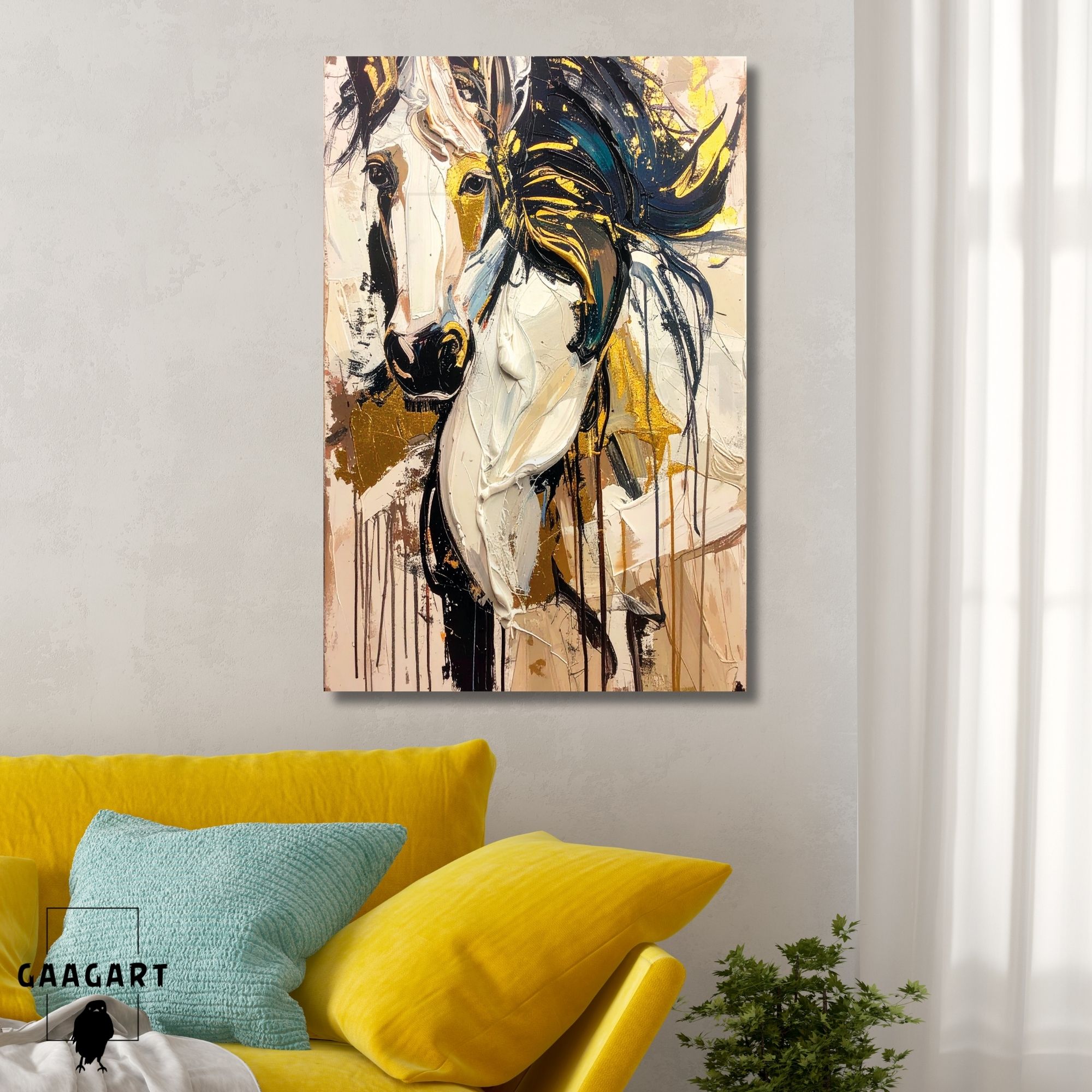 Tekli Dikey Kanvas Tablo Soyut Yağlı Boya Görünümlü Sanatsal At Portresi