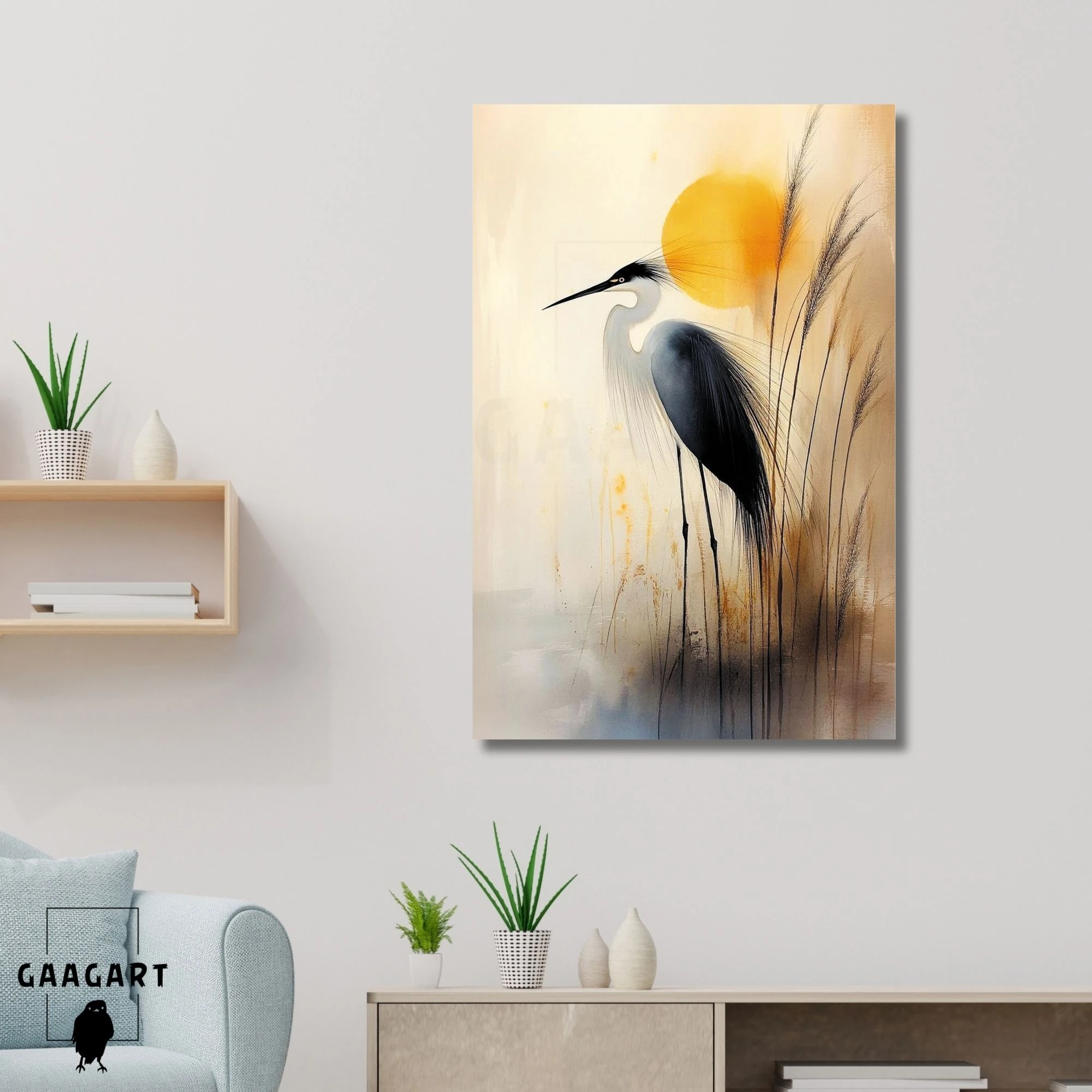 Tekli Dikey Kanvas Tablo Soyut Ak Balıkçıl İllüstrasyonu