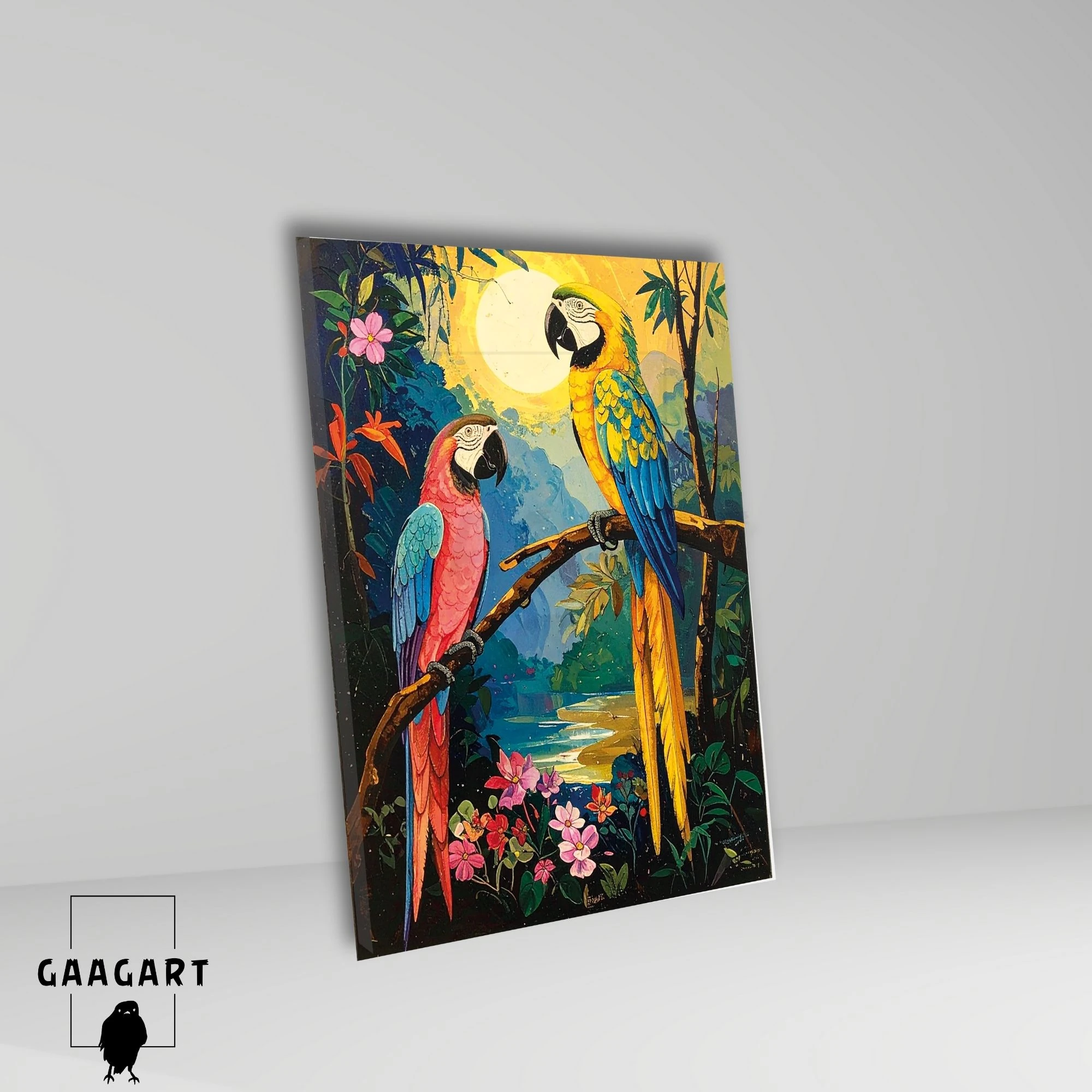 Tekli Dikey Kanvas Tablo Ağaç Dalında İki Papağan Pembe ve Sarı