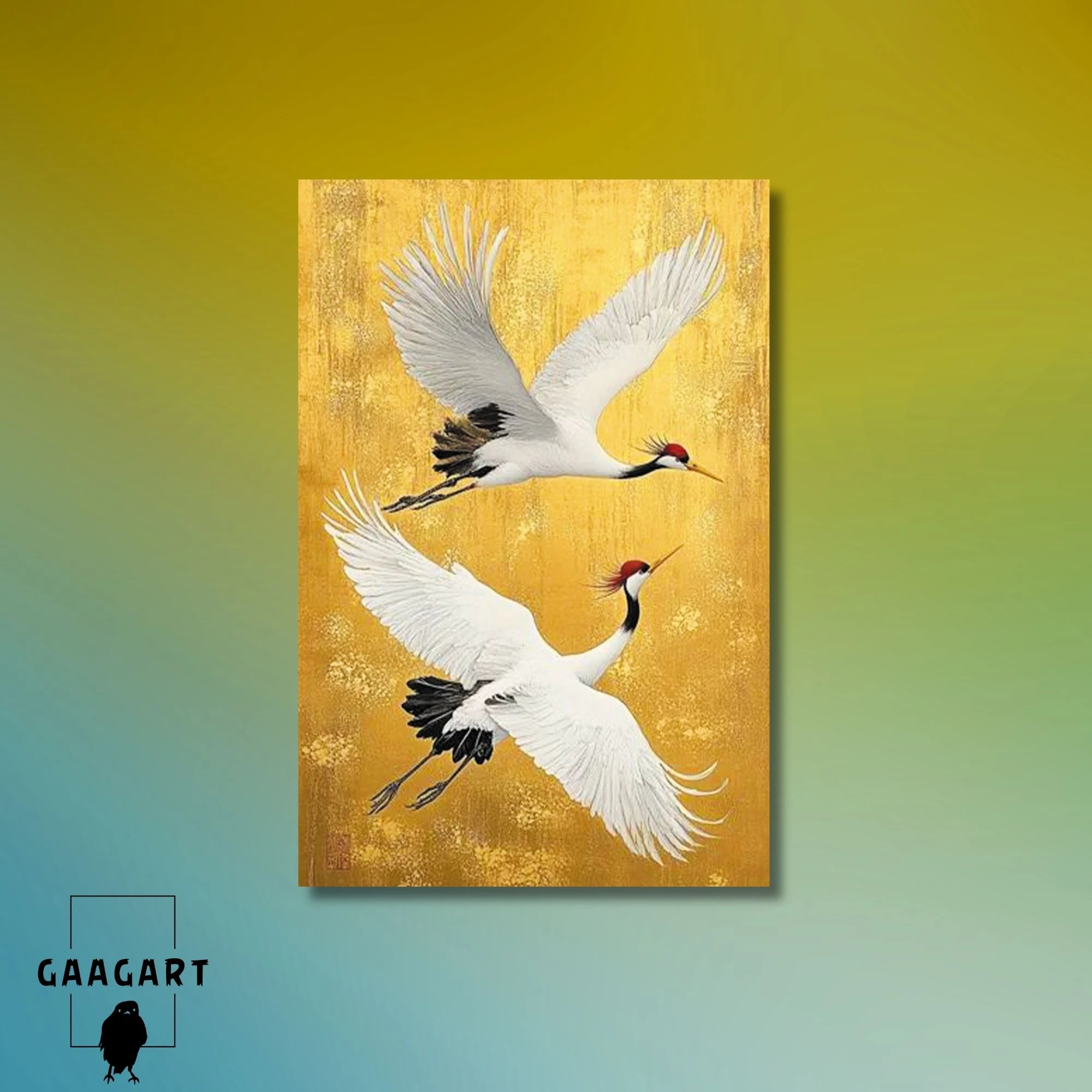 Tekli Dikey Kanvas Tablo Yağlı Boya Görünümlü Gold Uçan Turna Kuşları