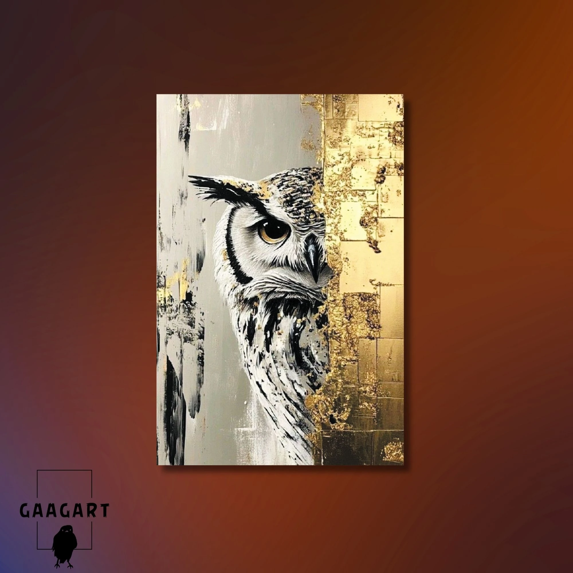 Tekli Dikey Kanvas Tablo Yağlı Boya Görünümlü Gold Baykuş