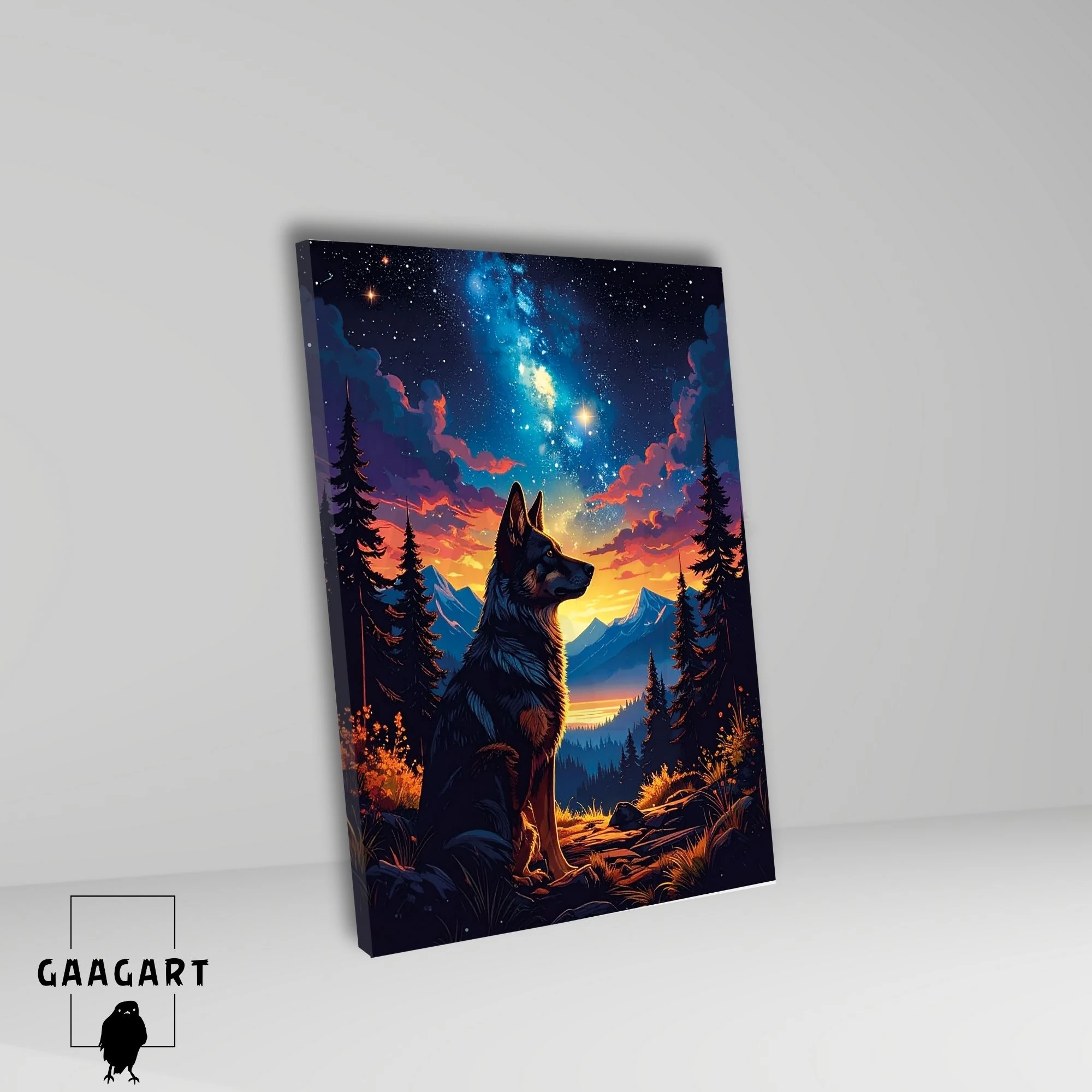 Tekli Dikey Kanvas Tablo Yıldızlar Ve Manzarada Kurt