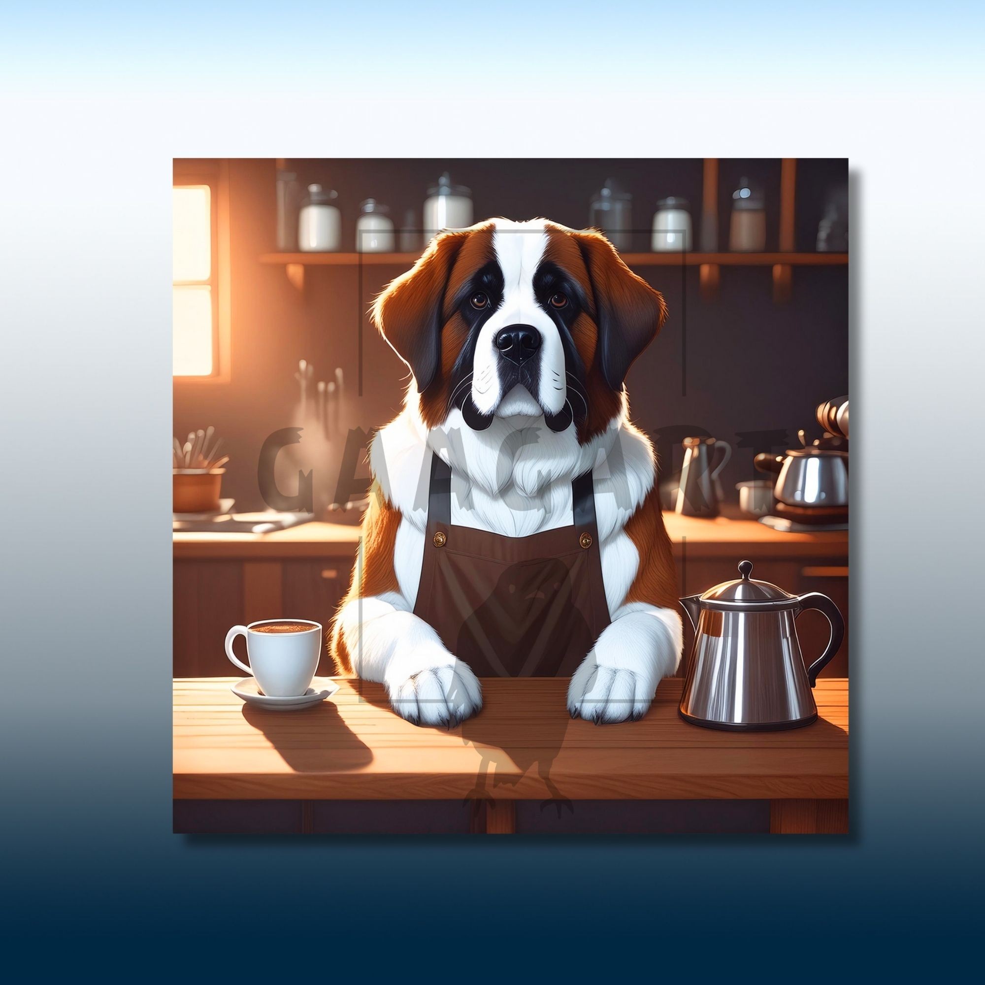 Kare Kanvas Kahve Köşesi Cafe Tablosu Barista Saint Bernard Köpek