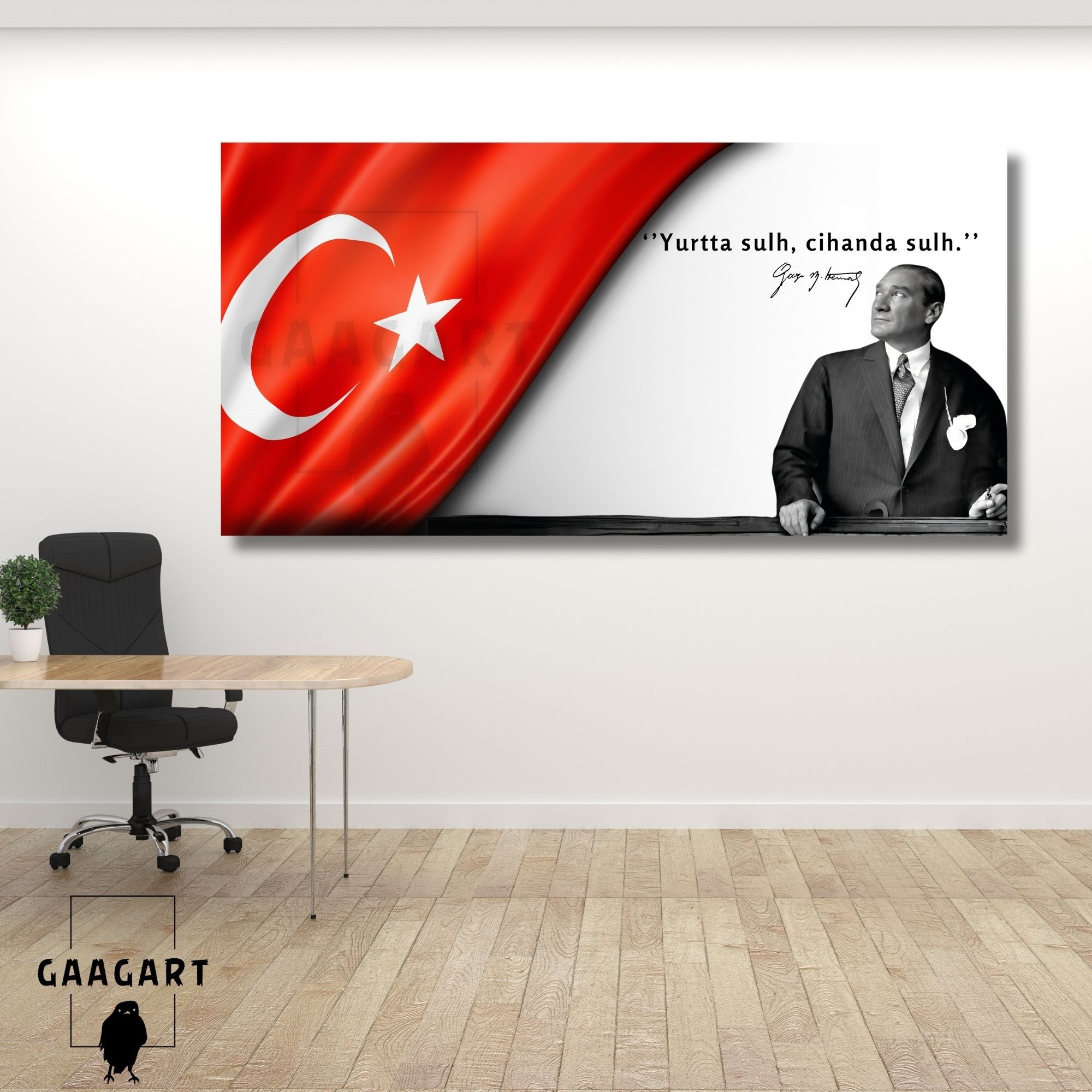 Panoramik Kanvas Makam Panosu Atatürk ve Bayrak ‘’Yurtta sulh, cihanda sulh.’’