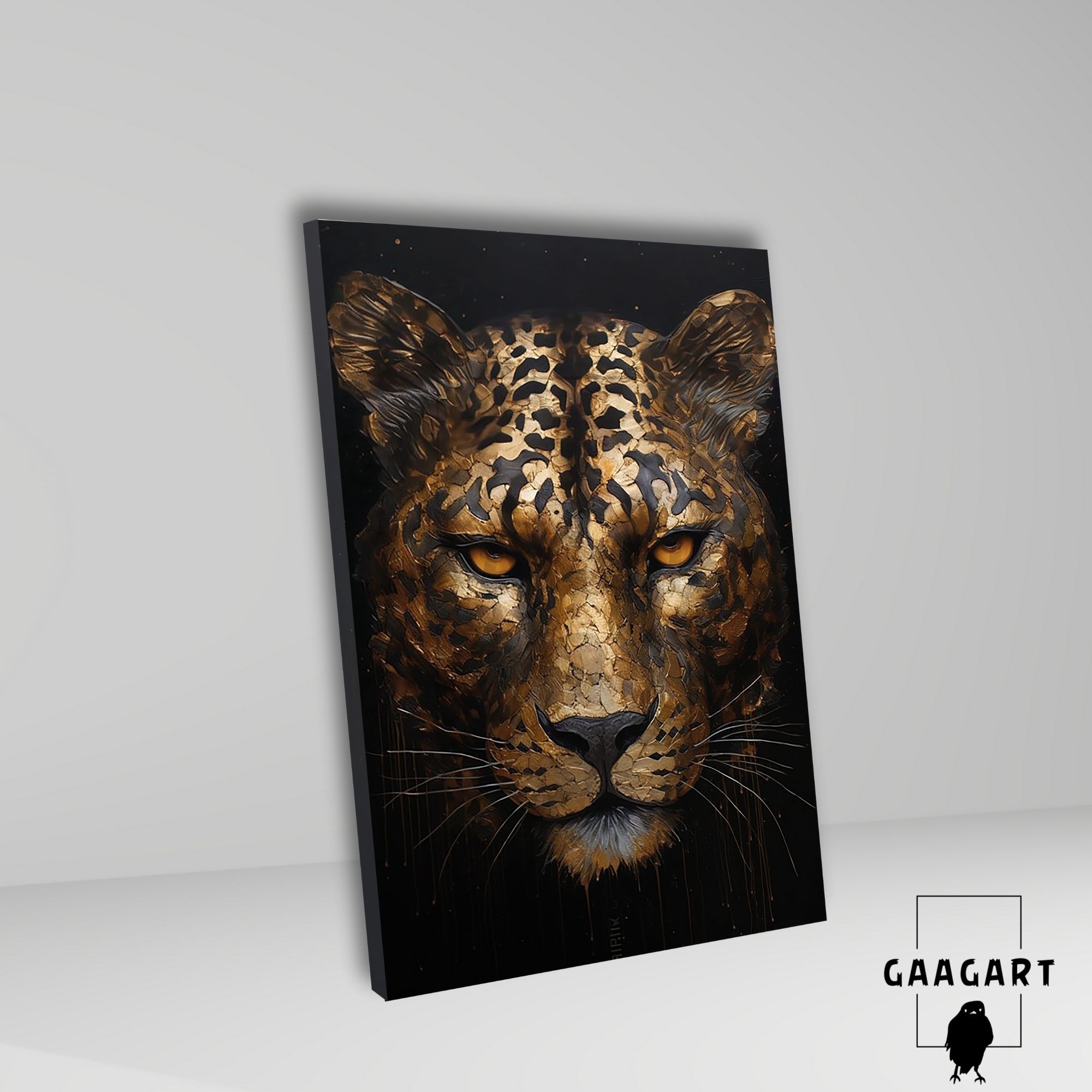 Tekli Dikey Kanvas Duvar Tablosu Şık Gold Siyah Leopar