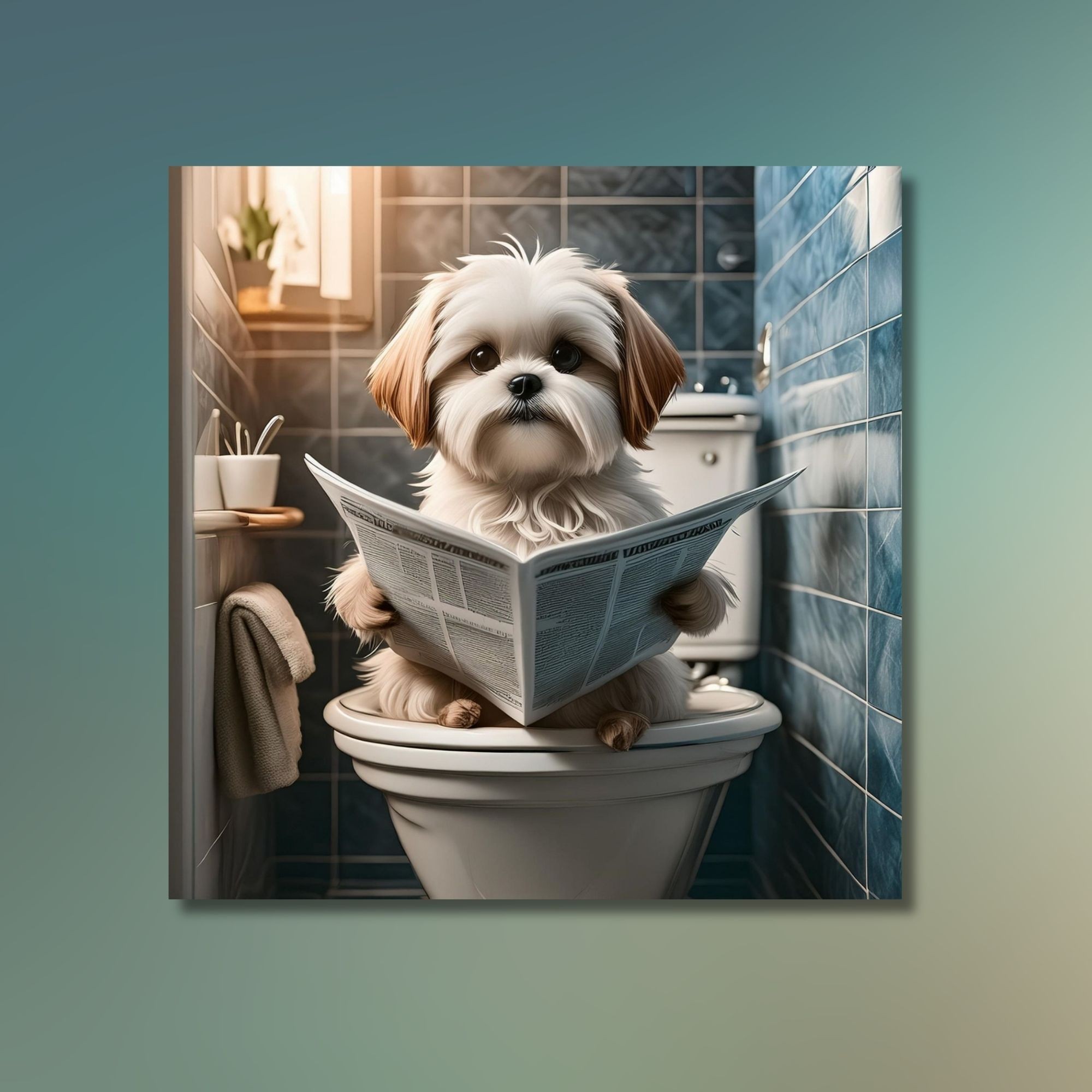 Tekli Kare Kanvas Banyo Tablosu Gazete Okuyan Shih Tzu Köpek