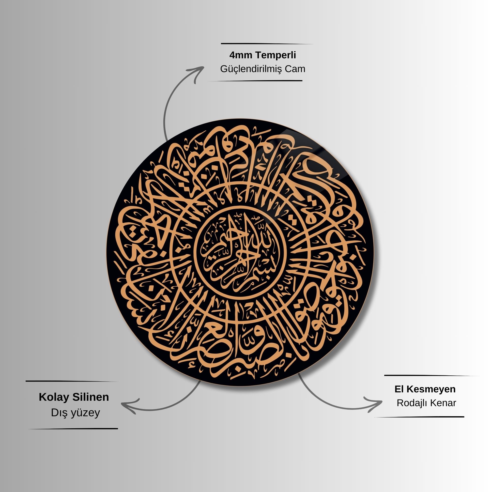 Yuvarlak Temperli Gerçek Cam Dini Tablo Asr Suresi 103. Sure