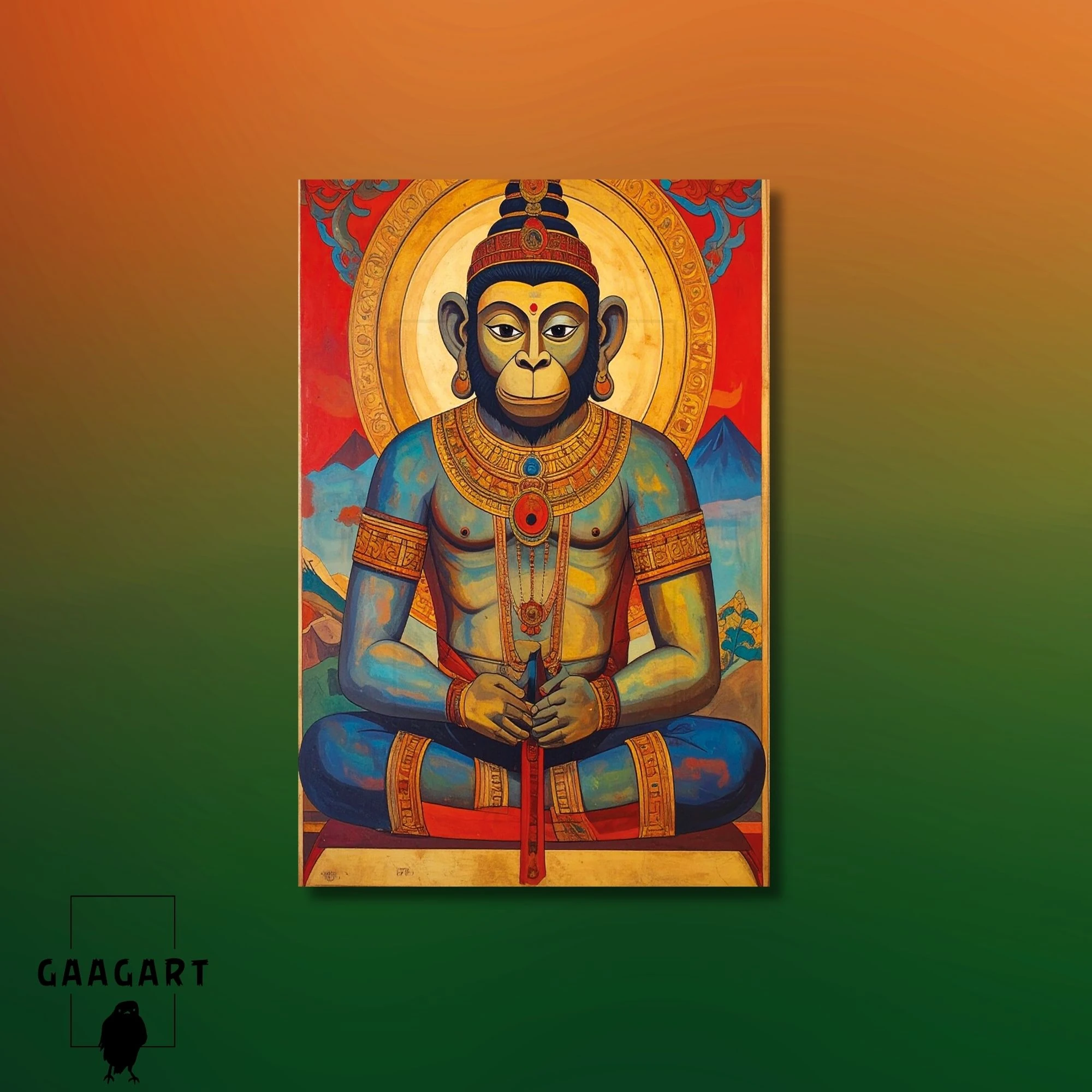 Tekli Dikey Kanvas Tablo Renkli Sanatsal Hanuman Heykeli