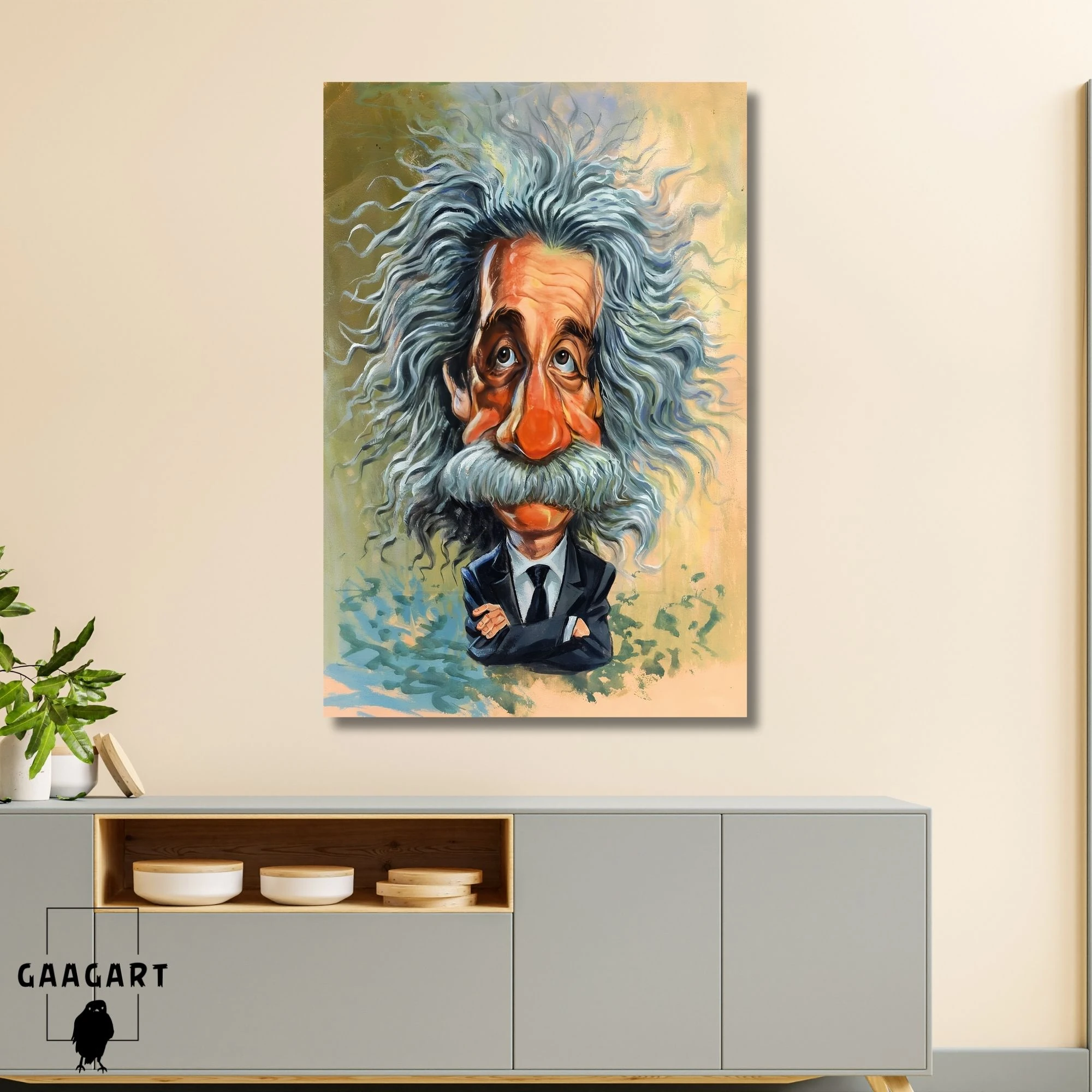 Tekli Dikey Kanvas Tablo Albert Einstein Karikatür