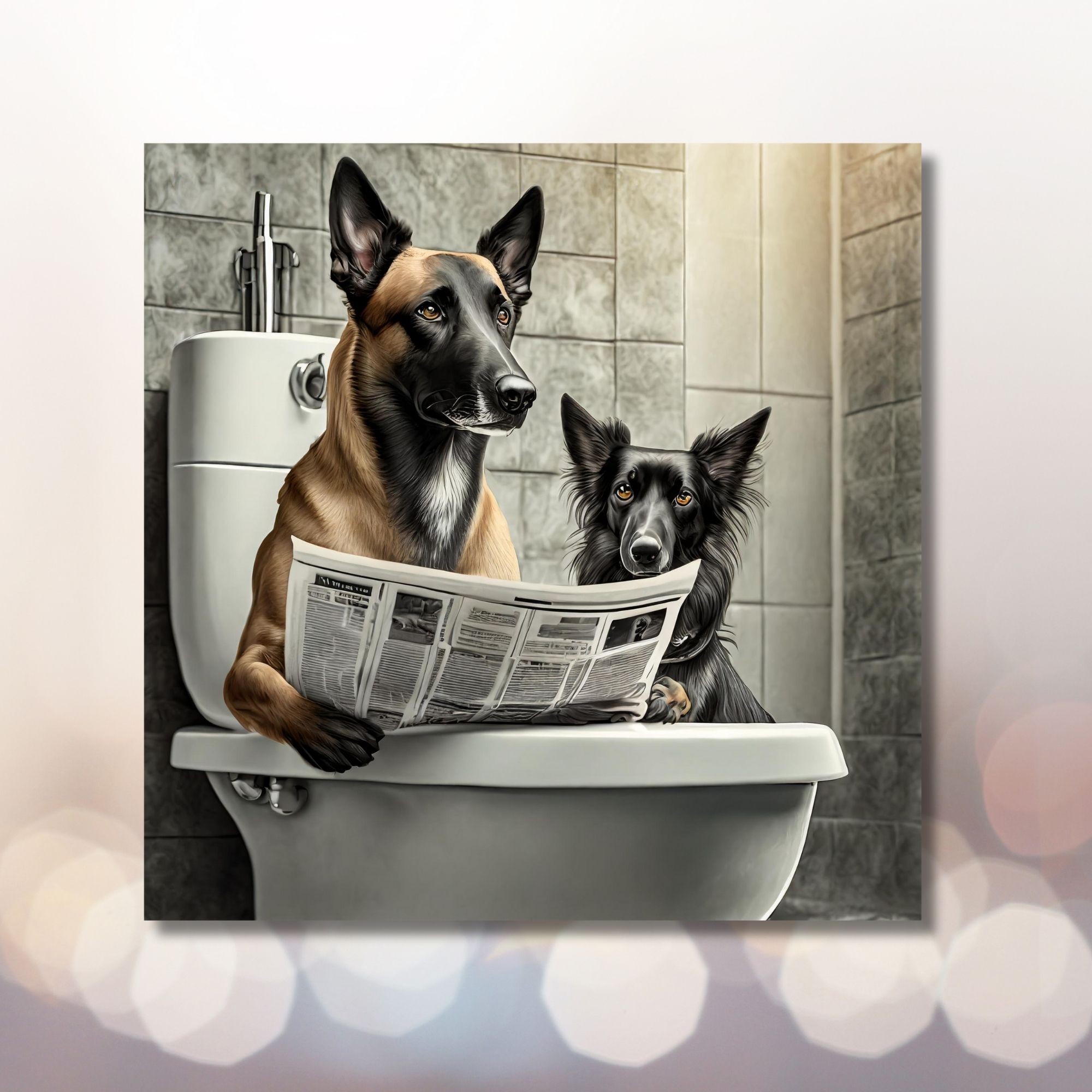 Tekli Kare Kanvas Banyo Tablosu Gazete Okuyan Belçika Kurt Köpeği