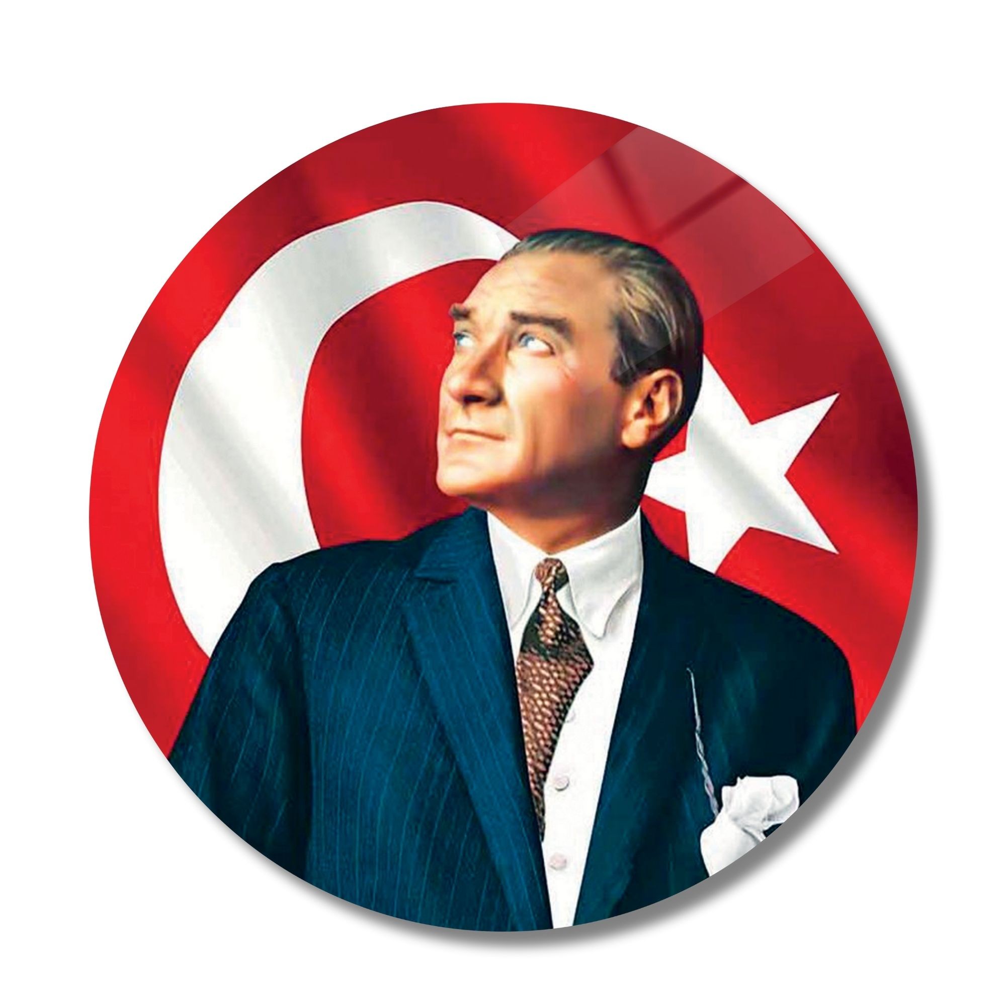 Yuvarlak Temperli Gerçek Cam Tablo Bayrak ve Atatürk Portresi