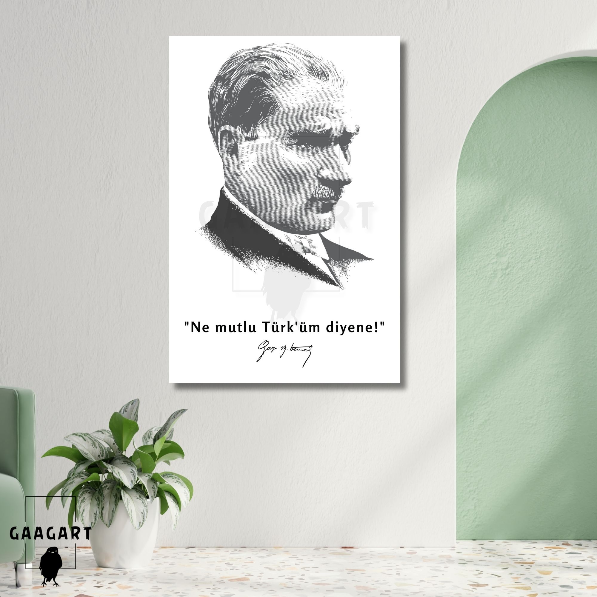 Tekli Dikey Kanvas Makam Panosu Atatürk Sözleri Siyah Beyaz Ne mutlu Türk'üm diyene!