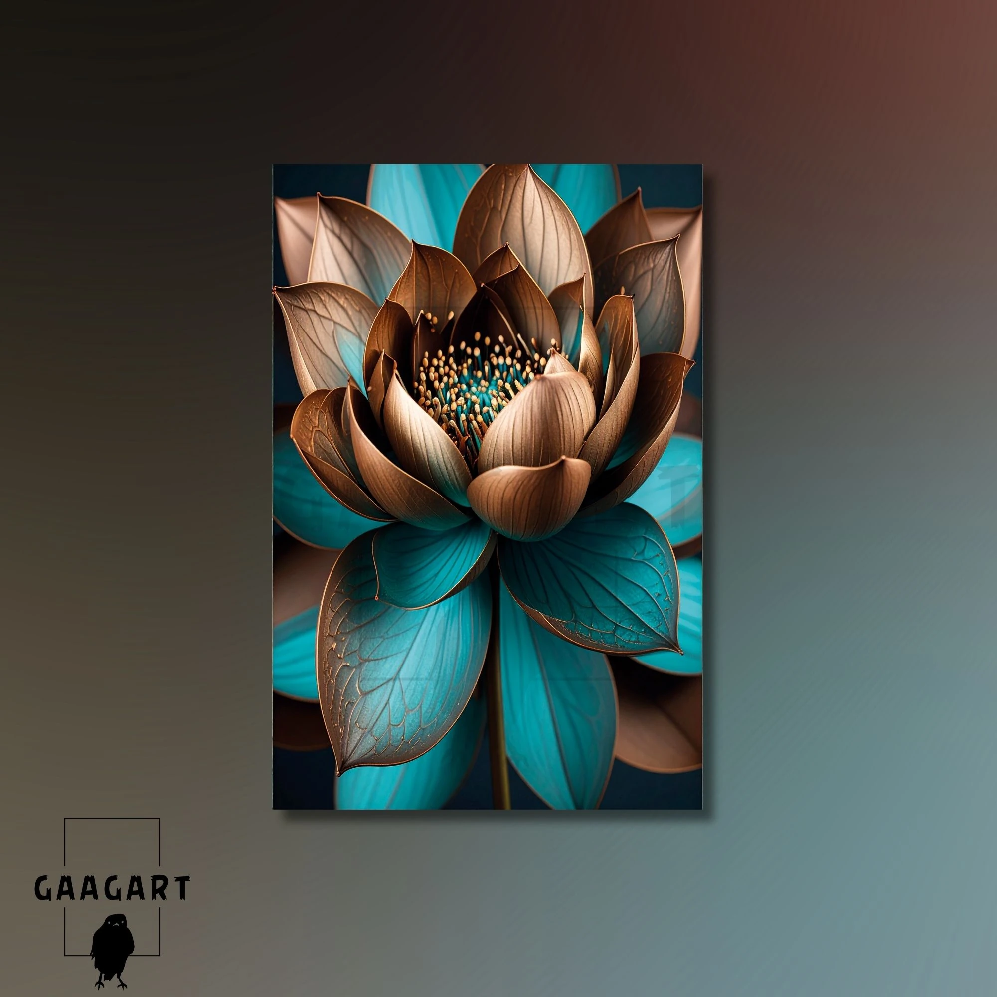 Tekli Dikey Kanvas Tablo Kahverengi Bakır Turkuaz Lotus Çiçeği