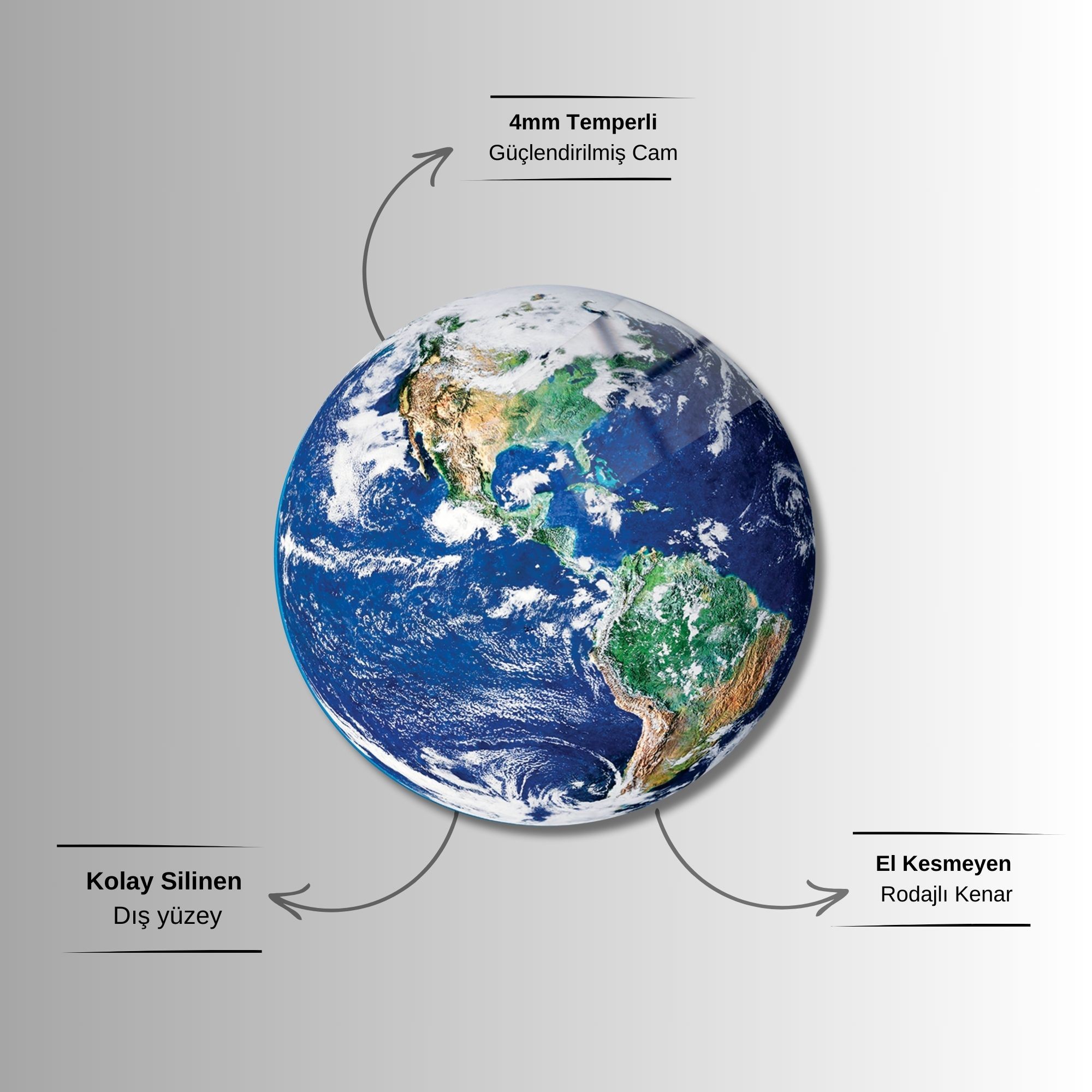 Yuvarlak Temperli Gerçek Cam Tablo Uzaydan Dünya Görseli