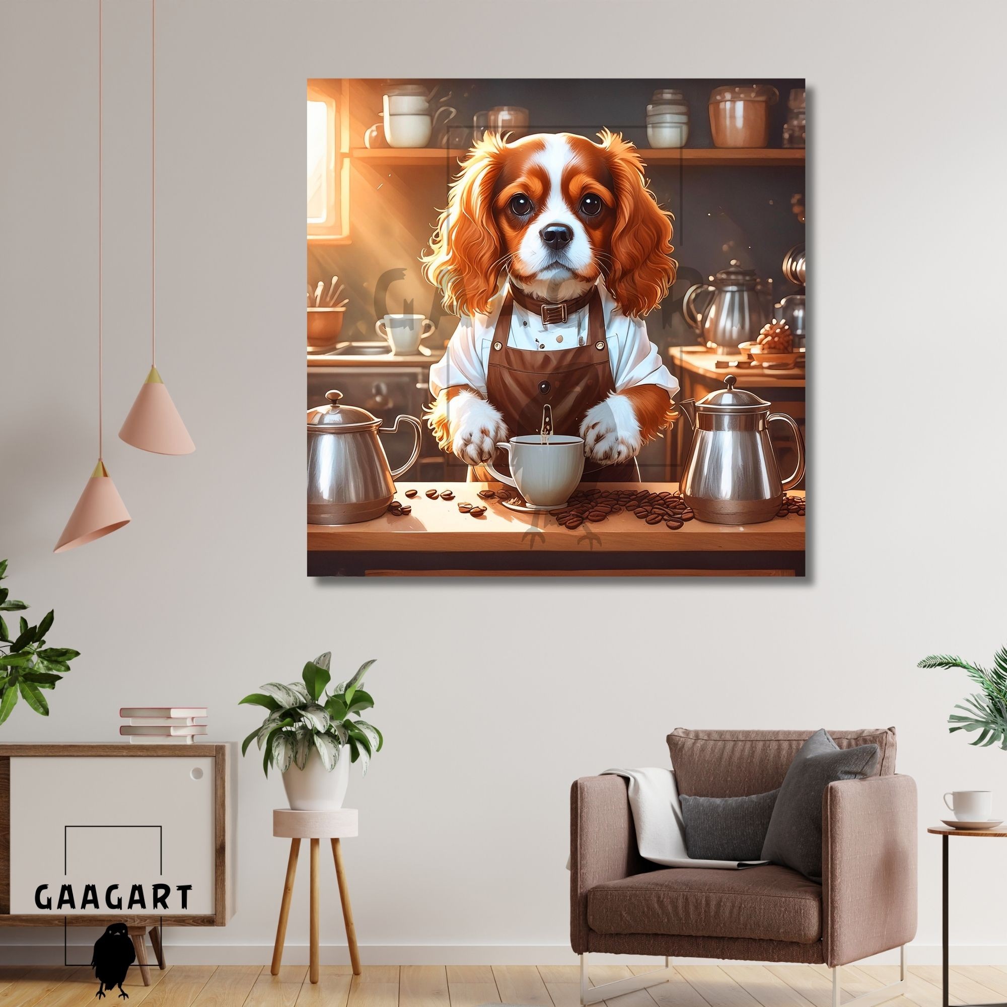 Kare Kanvas Kahve Köşesi Cafe Tablosu Barista King Charles Köpek