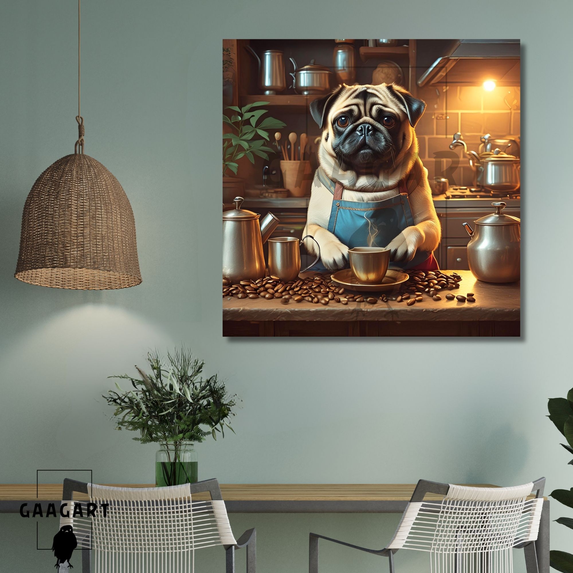 Kare Kanvas Kahve Köşesi Cafe Tablosu Barista Pug Köpek