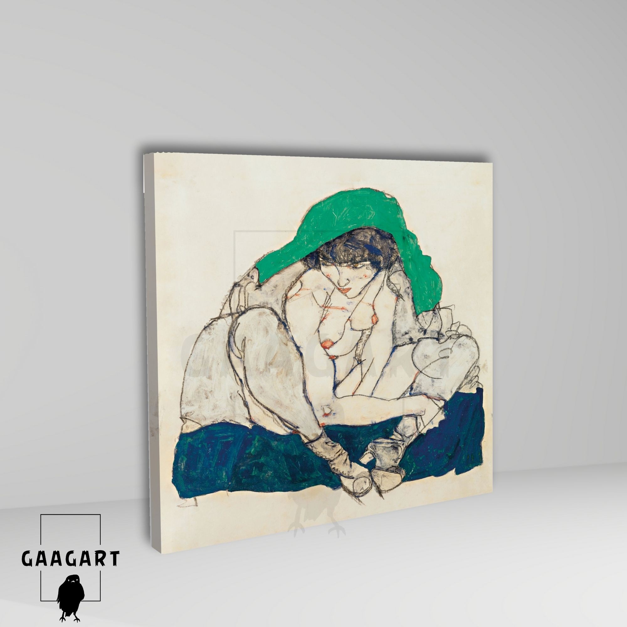 Kare Kanvas Tablo Ünlü Eserler Egon Schiele Crouching Woman with Green Headscarf