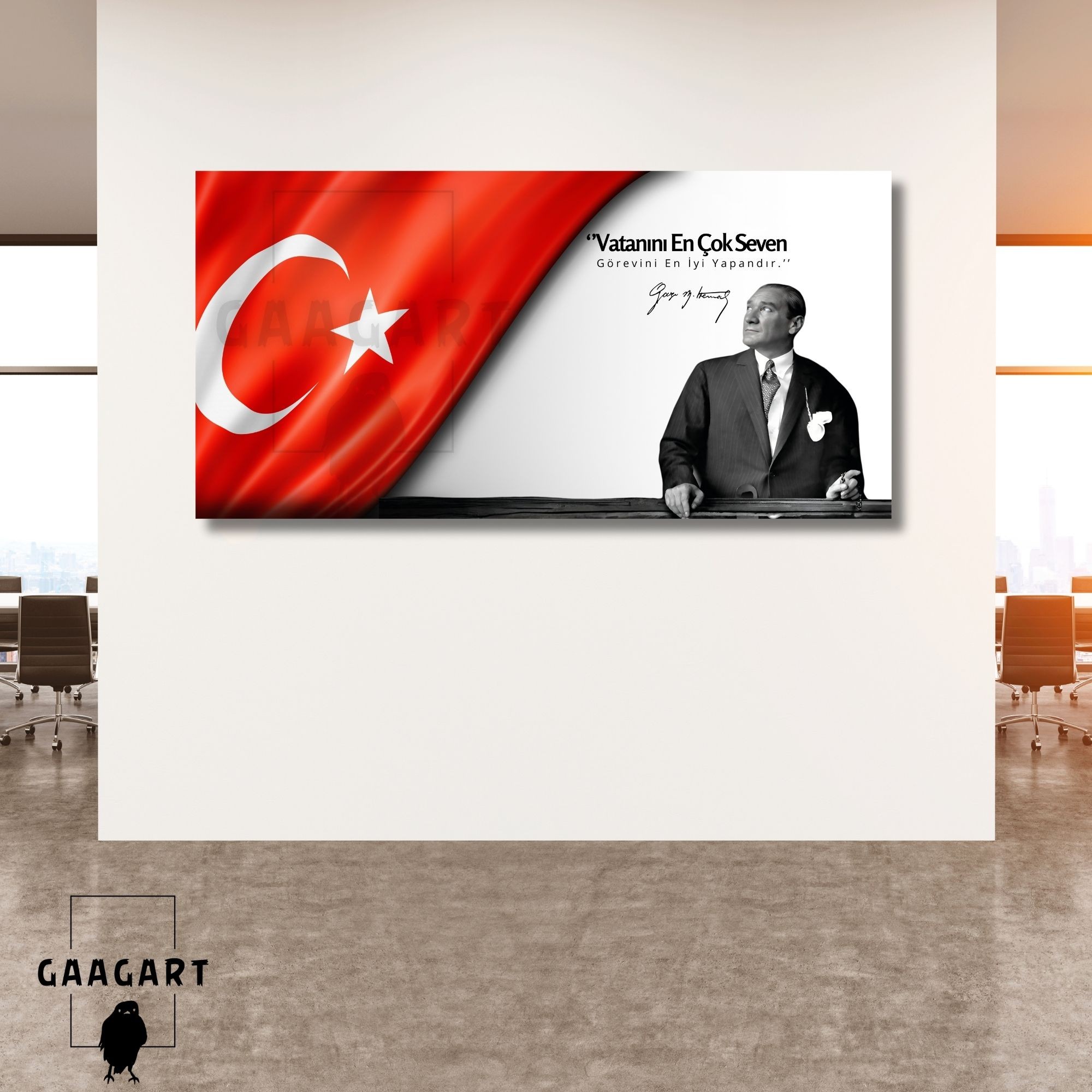 Panoramik Kanvas Makam Panosu Atatürk ve Bayrak ‘’Vatanını En Çok Seven Görevini En İyi Yapandır.’’