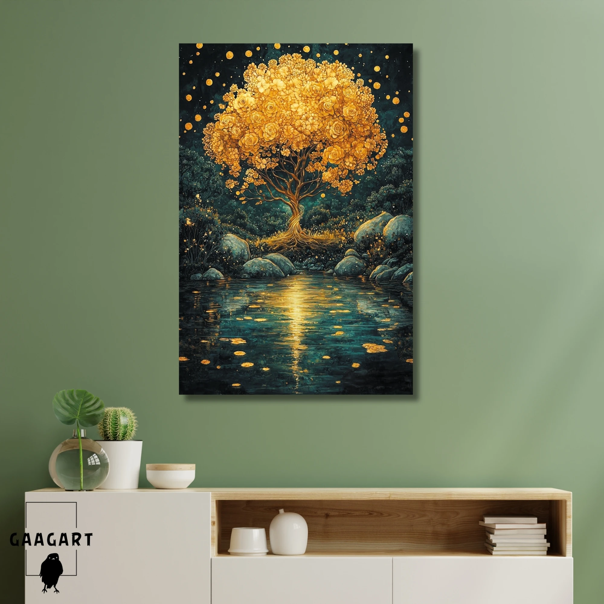 Tekli Dikey Kanvas Tablo Çiçekli Gece ve Ağaç