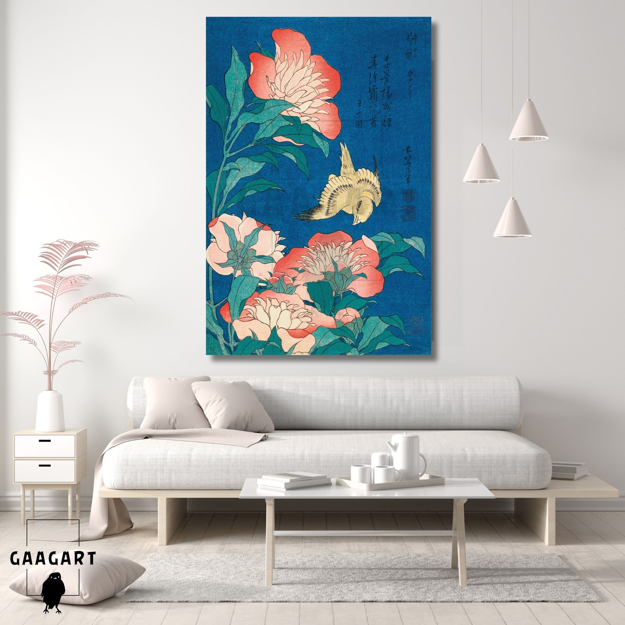 Tekli Dikey Kanvas Tablo Ünlü Eserler Katsushika Hokusai Canary And Peonary