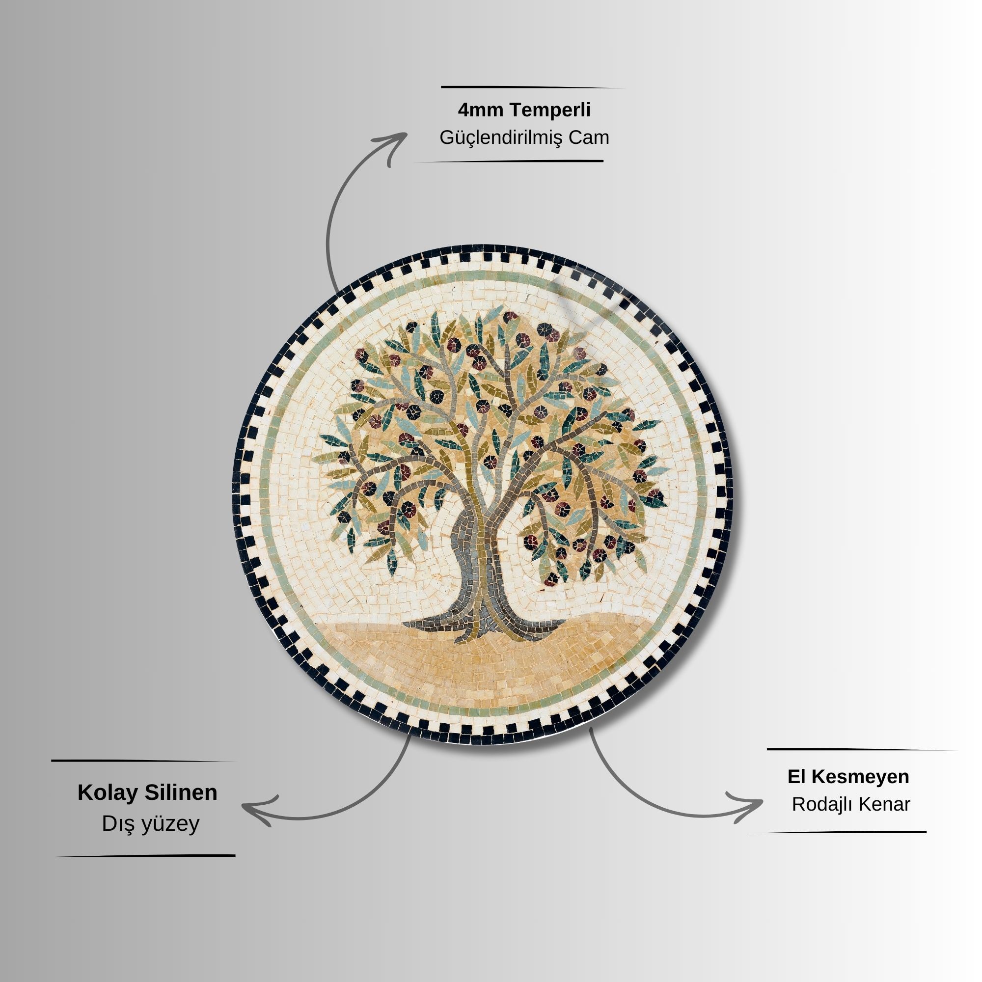 Yuvarlak Temperli Gerçek Cam Tablo Mozaik Görünümlü Zeytin Ağacı