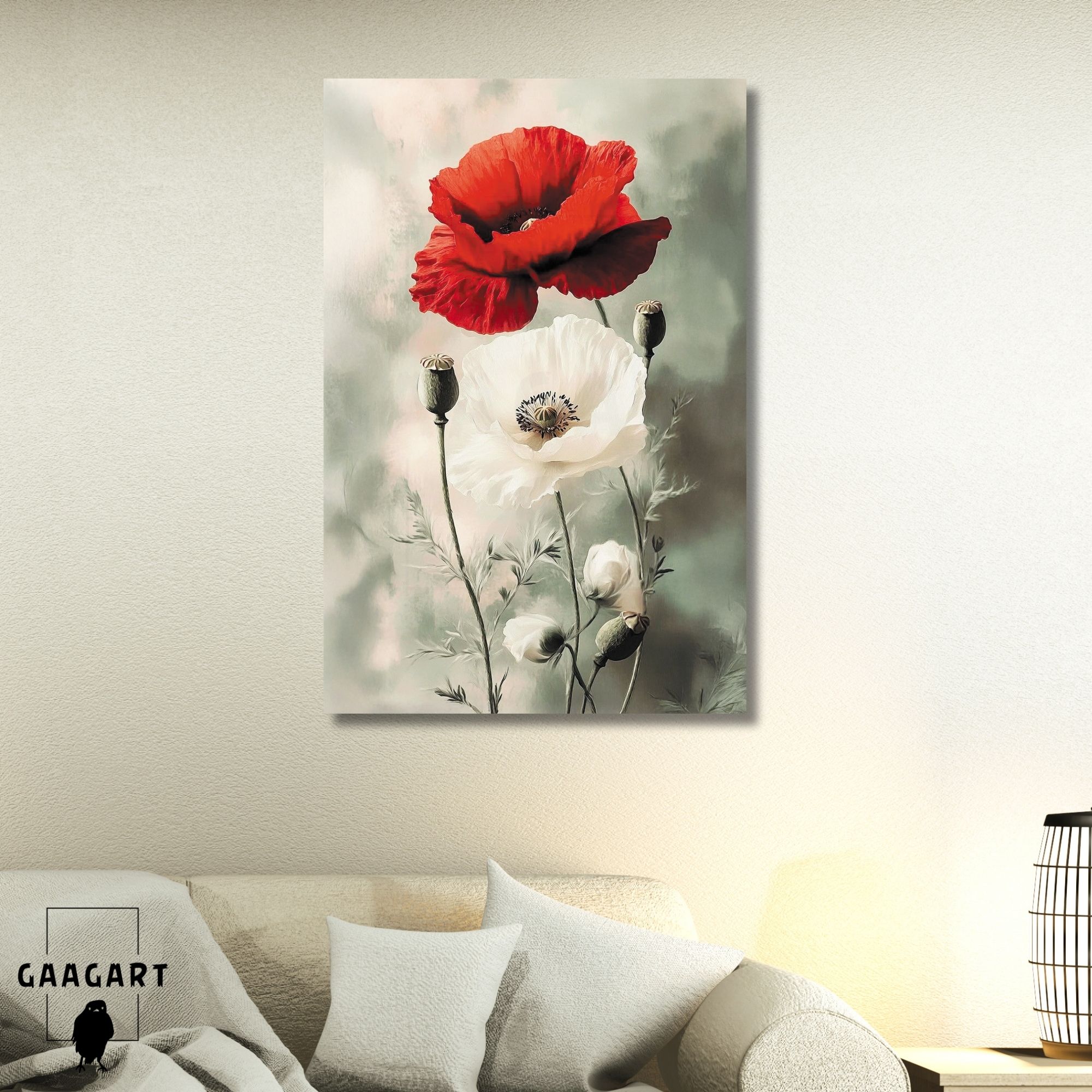 Tekli Dikey Kanvas Tablo Beyaz ve Kırmızı Gelincik Çiçeği