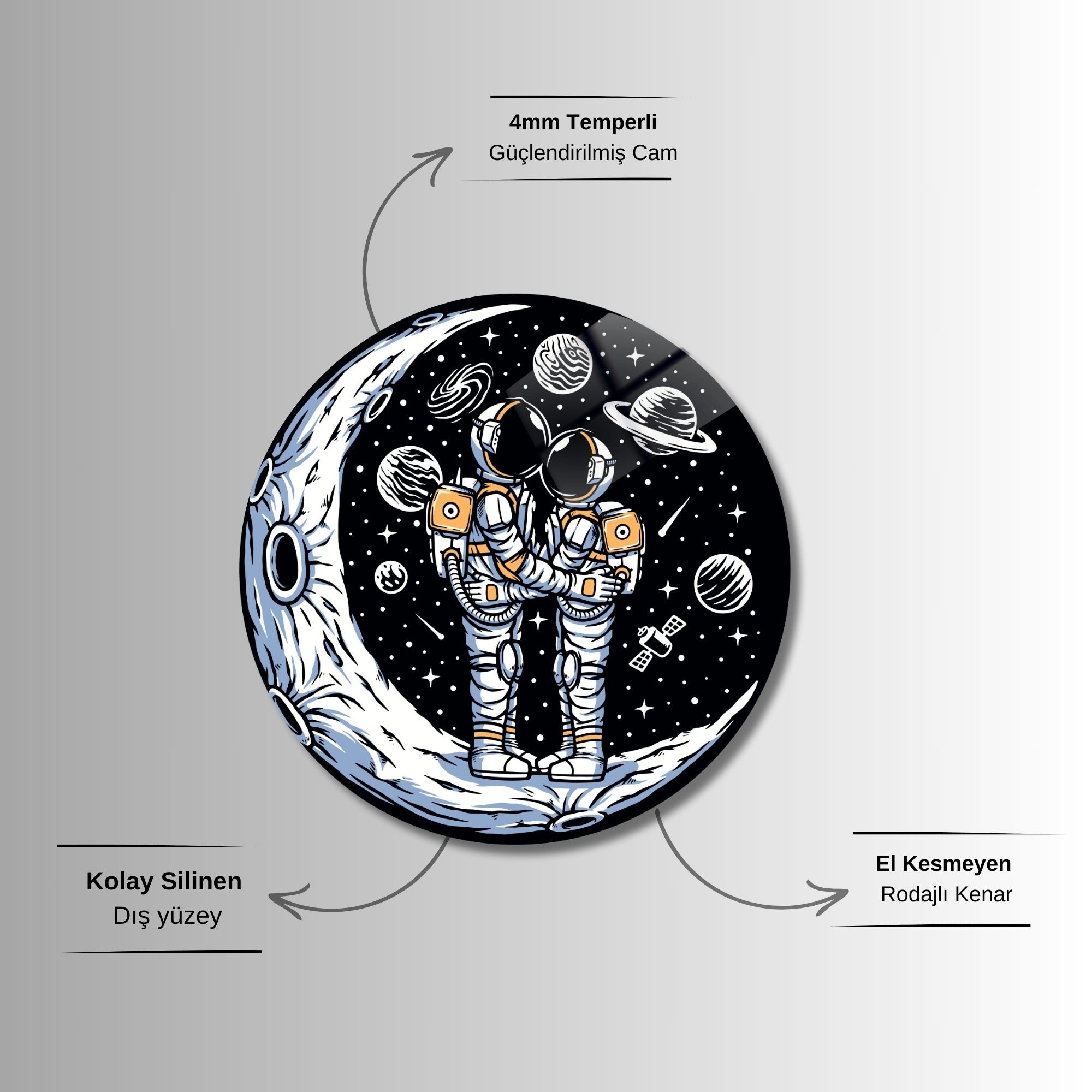 Yuvarlak Temperli Gerçek Cam Tablo Uzayda Sarılmış Astronotlar