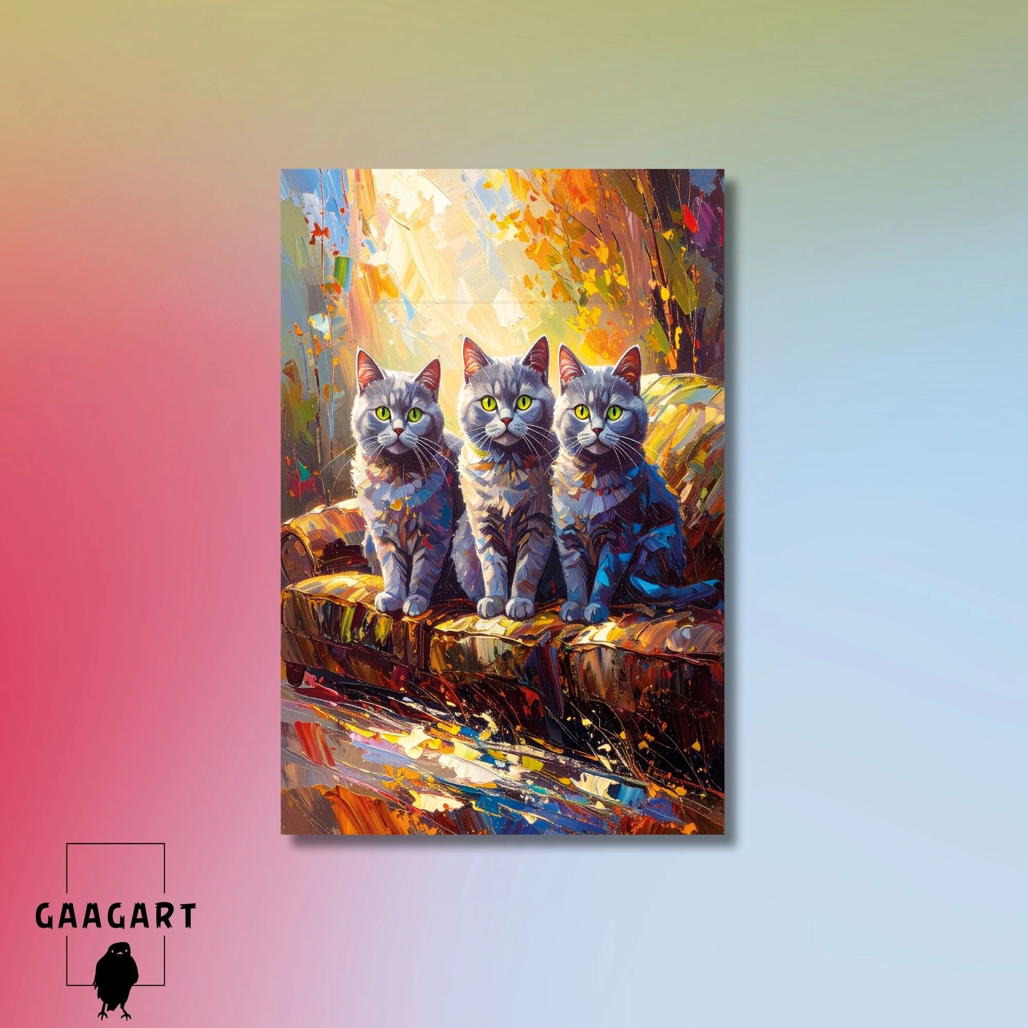 Tekli Dikey Kanvas Tablo Yağlı Boya Görünümlü Koltukta Oturan Gri Kediler