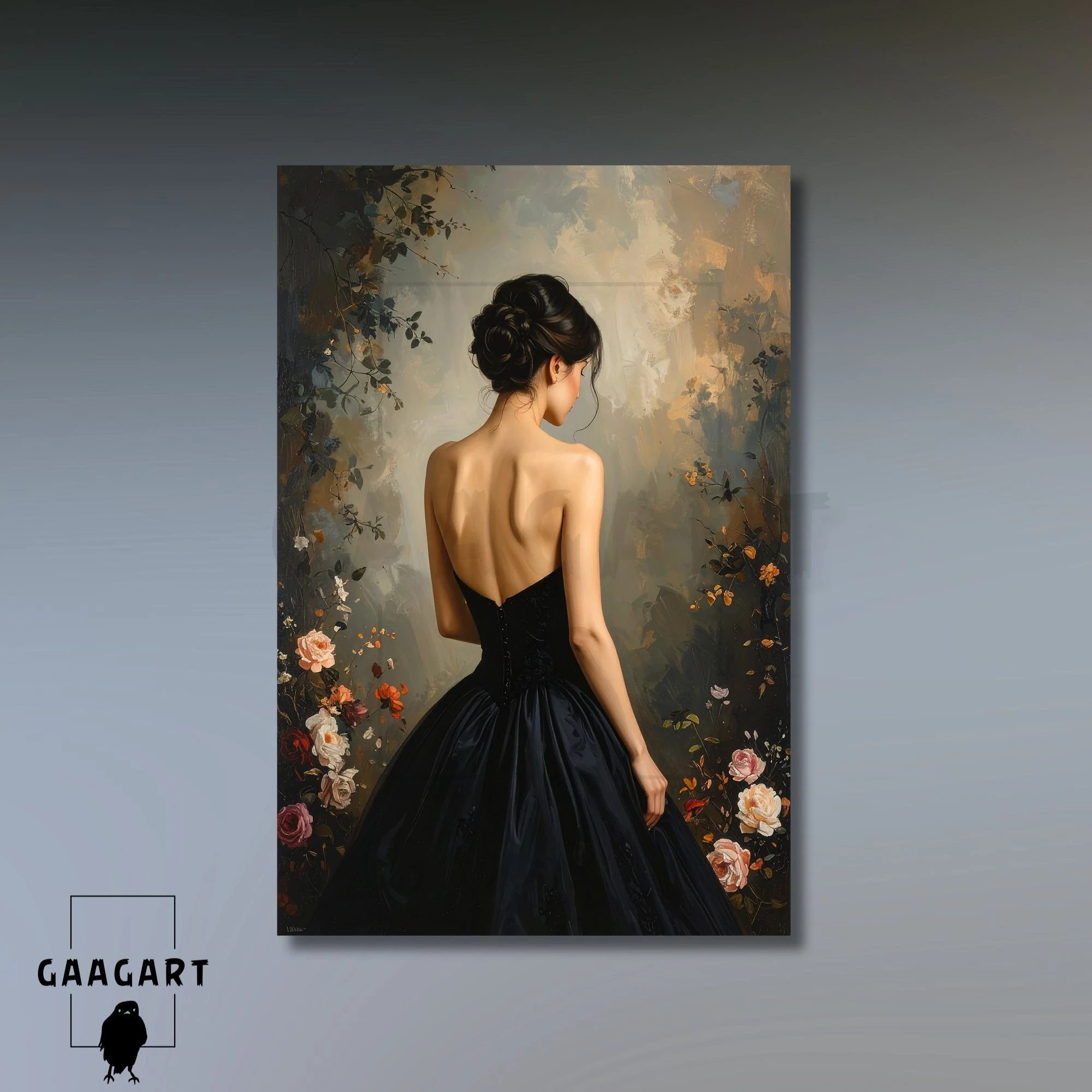 Tekli Dikey Kanvas Tablo Sırt Dekolteli Çiçekli Yağlı Boya Görünümlü Kadın