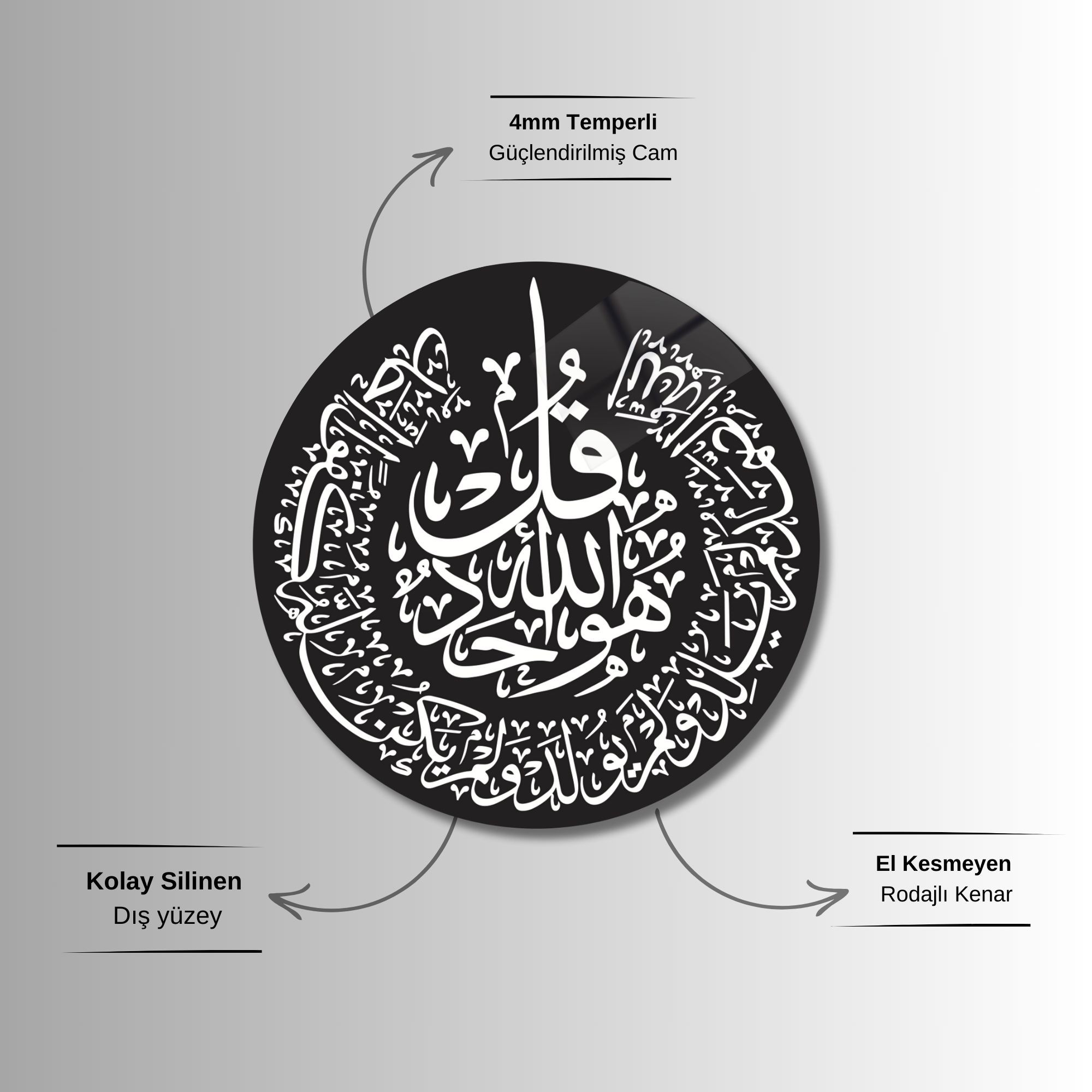 Yuvarlak Temperli Gerçek Cam Dini Tablo Siyah Beyaz Faziletli Dua