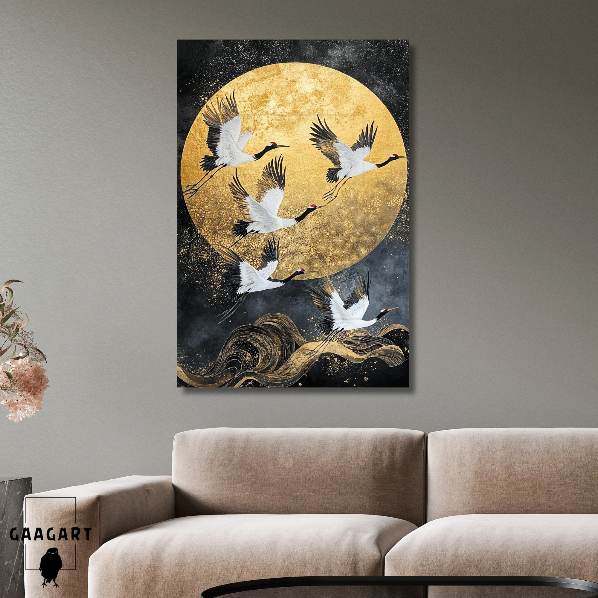 Tekli Dikey Kanvas Tablo Yağlı Boya Görünümlü Gold Ay ve Leylekler
