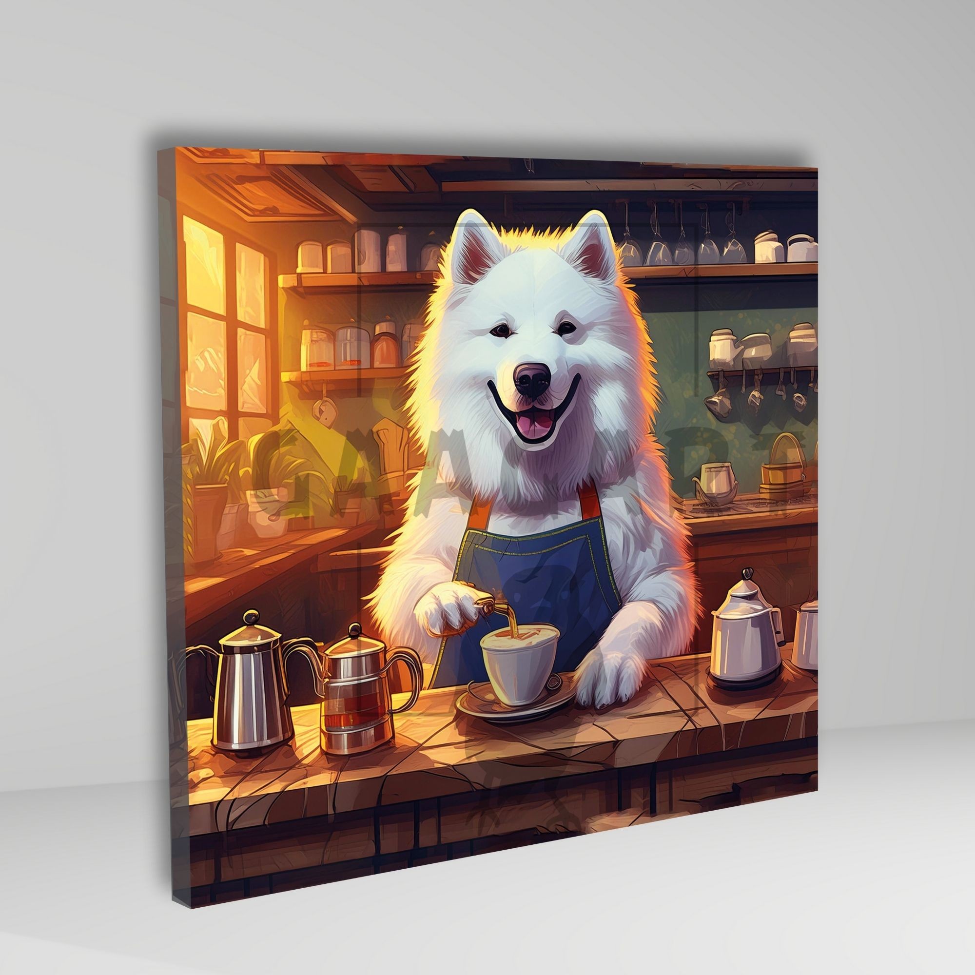 Kare Kanvas Kahve Köşesi Cafe Tablosu Barista Samoyed Köpek