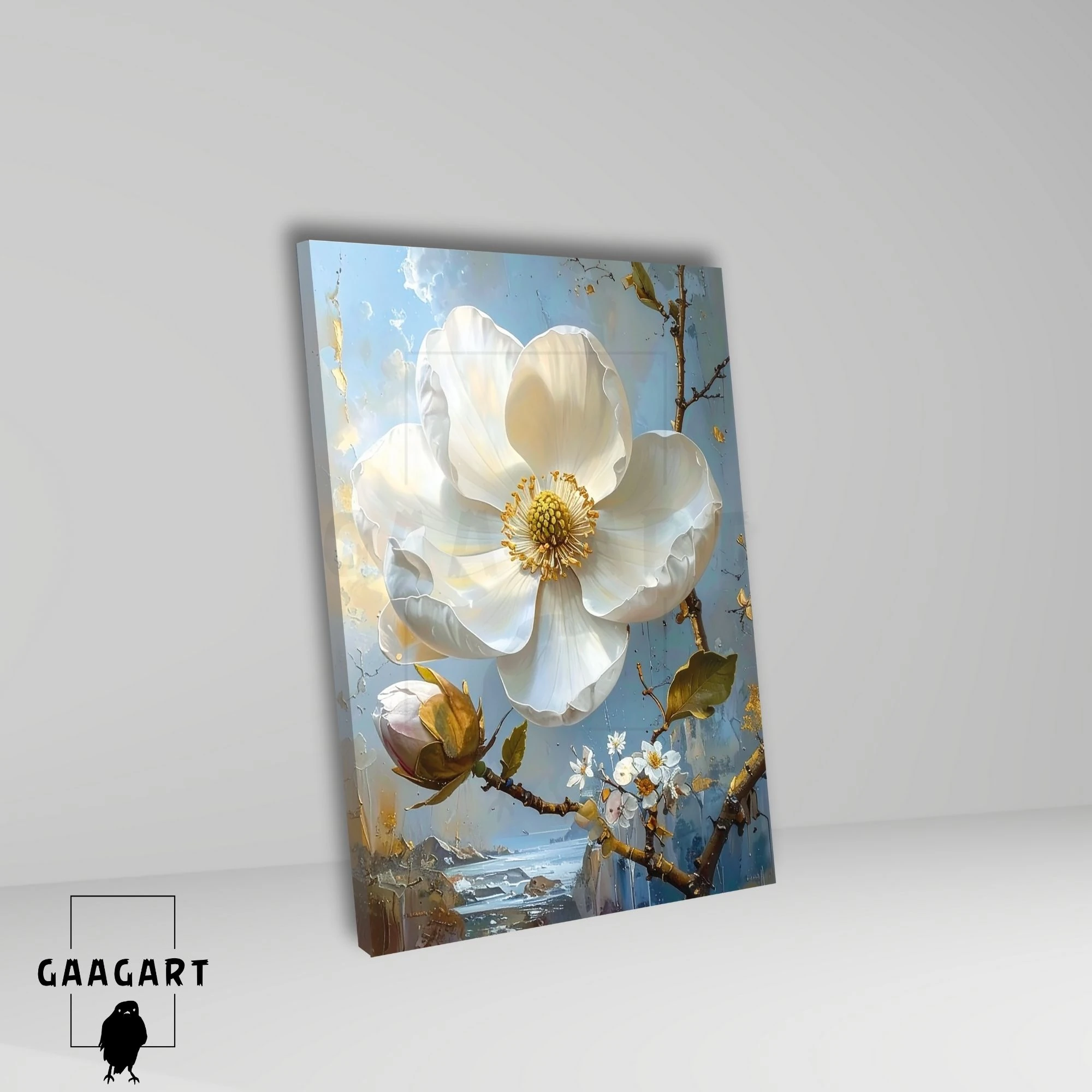 Tekli Dikey Kanvas Tablo Soyut Yağlı Boya Görünümlü Beyaz Çiçek