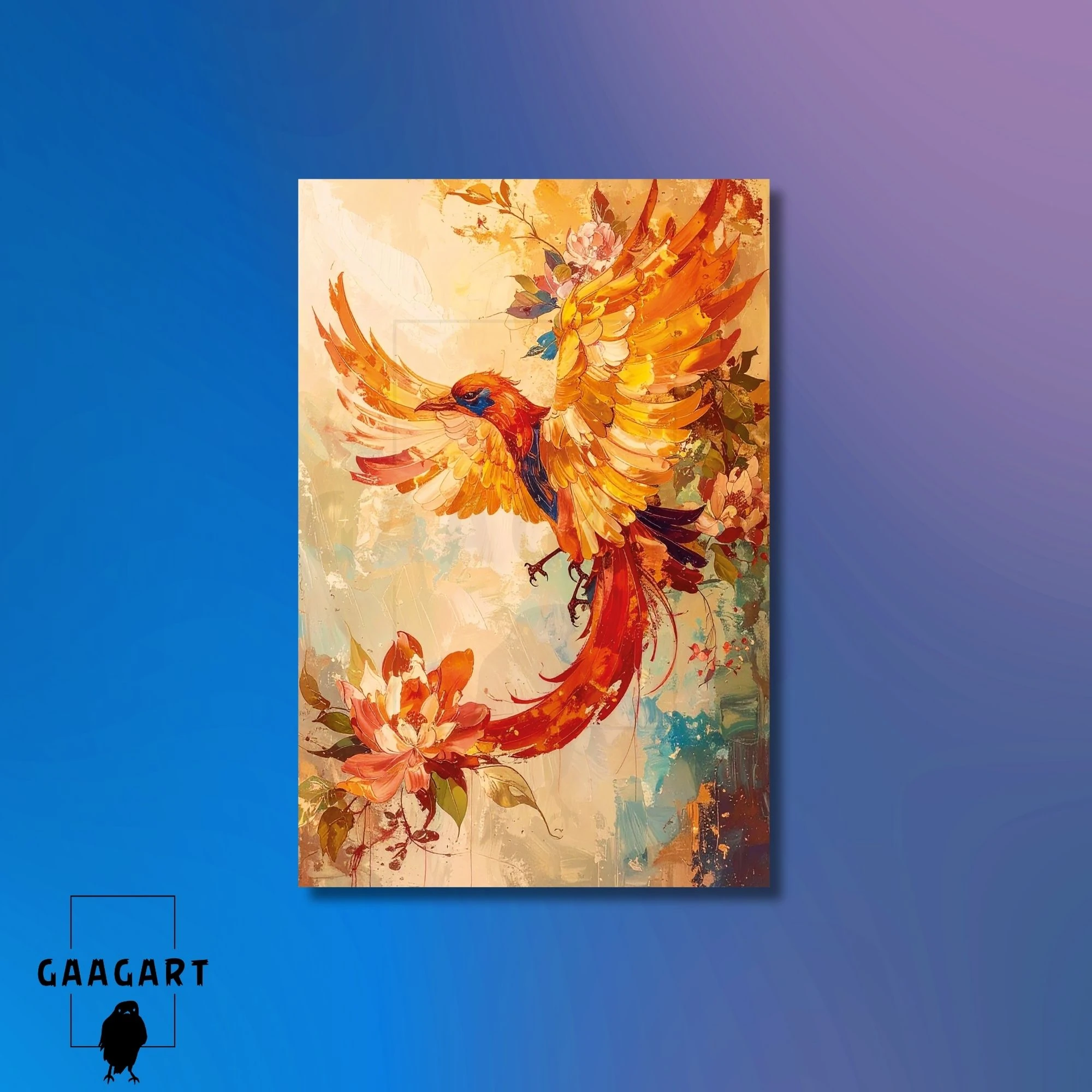 Tekli Dikey Kanvas Tablo Sanatsal Yağlı Boya Görünümlü Anka Kuşu