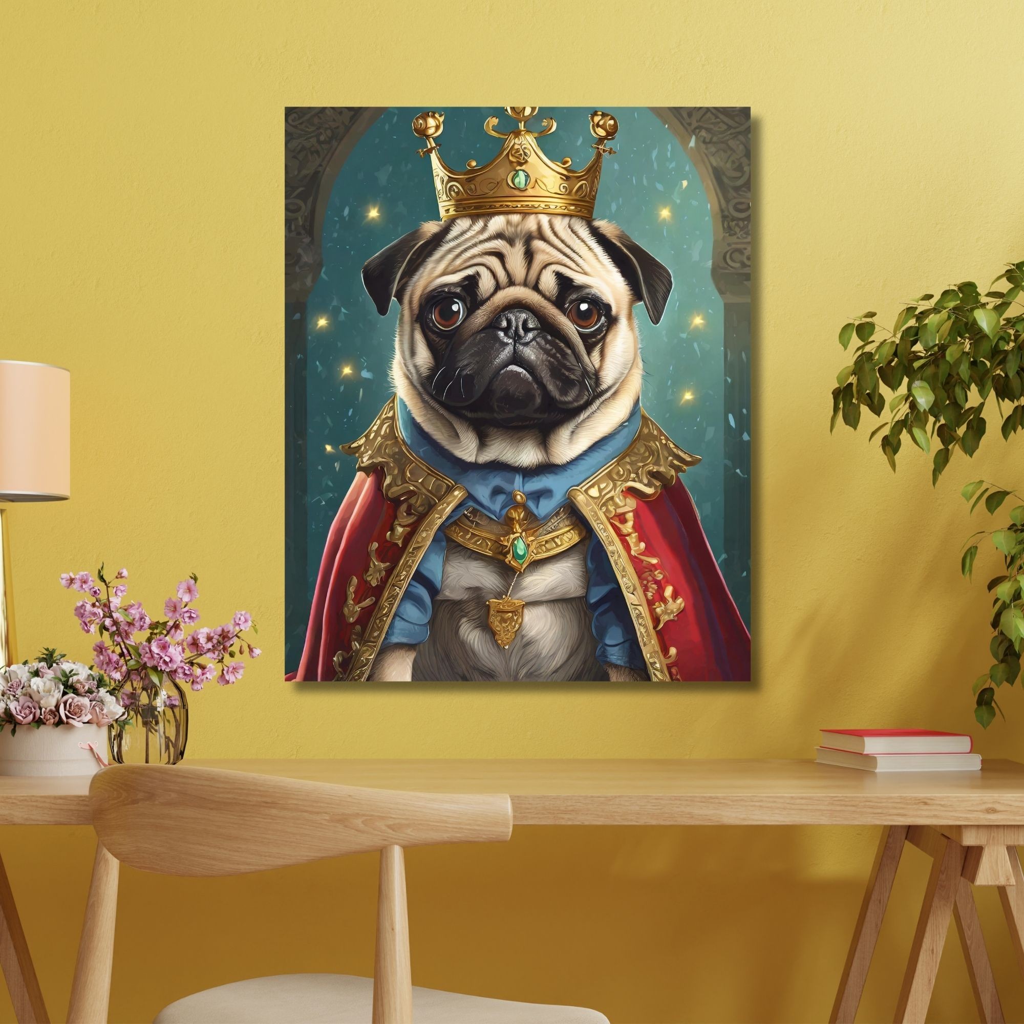 Tekli Dikey Kanvas Duvar Tablosu Kral Kostümlü Pug Köpek