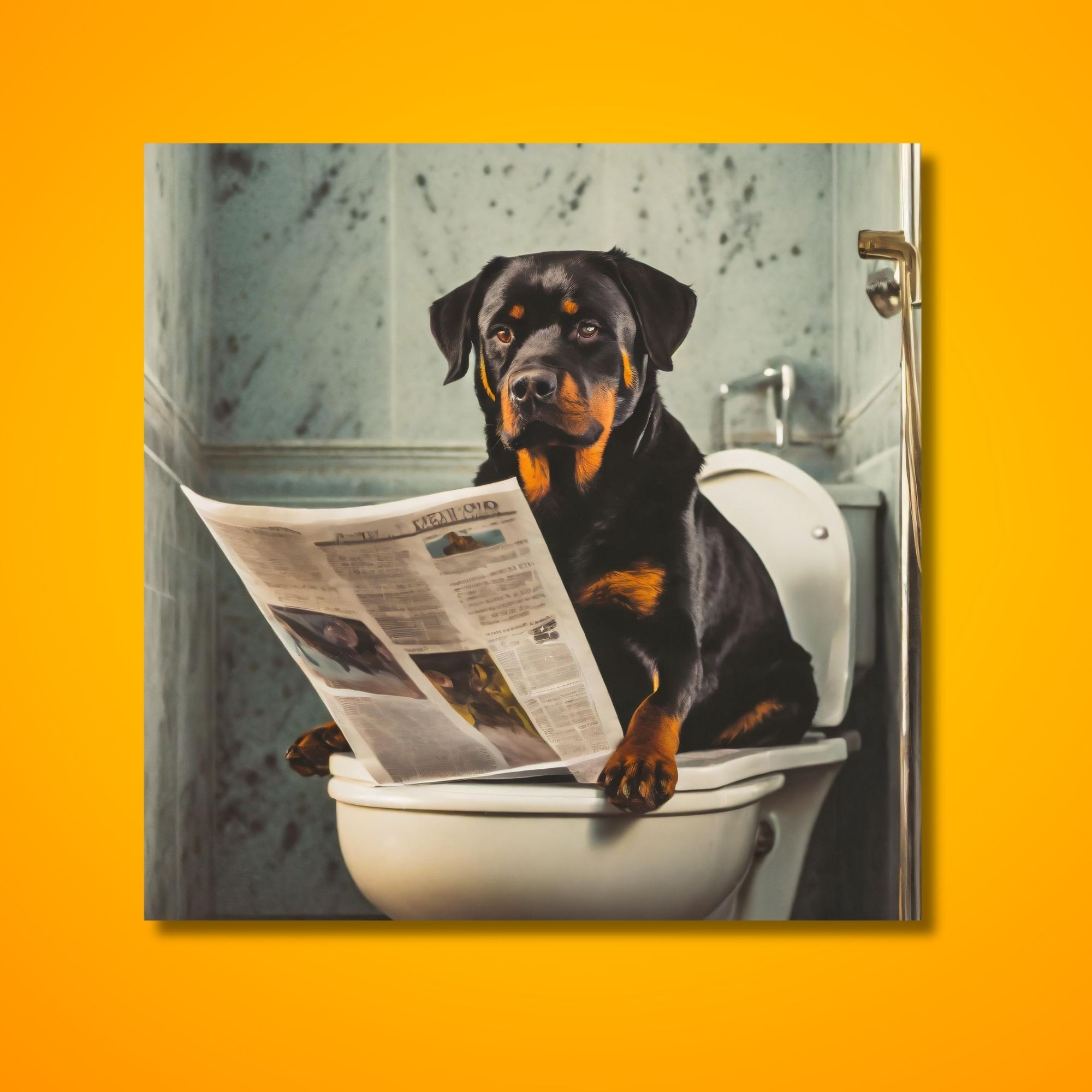 Tekli Kare Kanvas Banyo Tablosu Gazete Okuyan Rottweiler Köpek