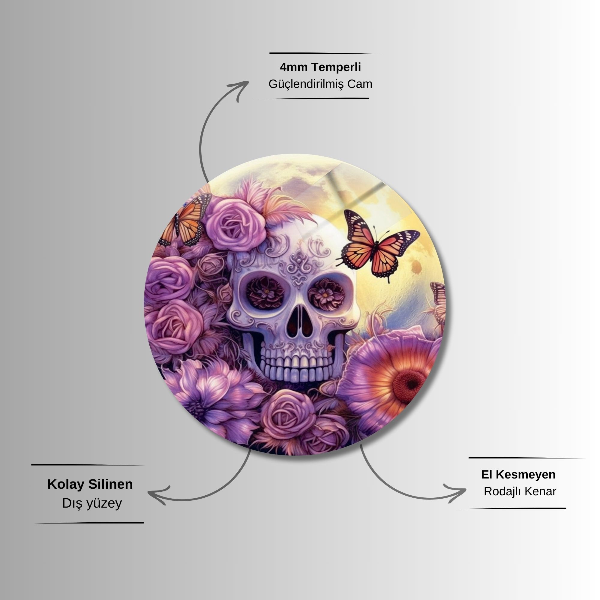 Yuvarlak Temperli Gerçek Cam Tablo Çiçek ve Kelebekli Kuru Kafa