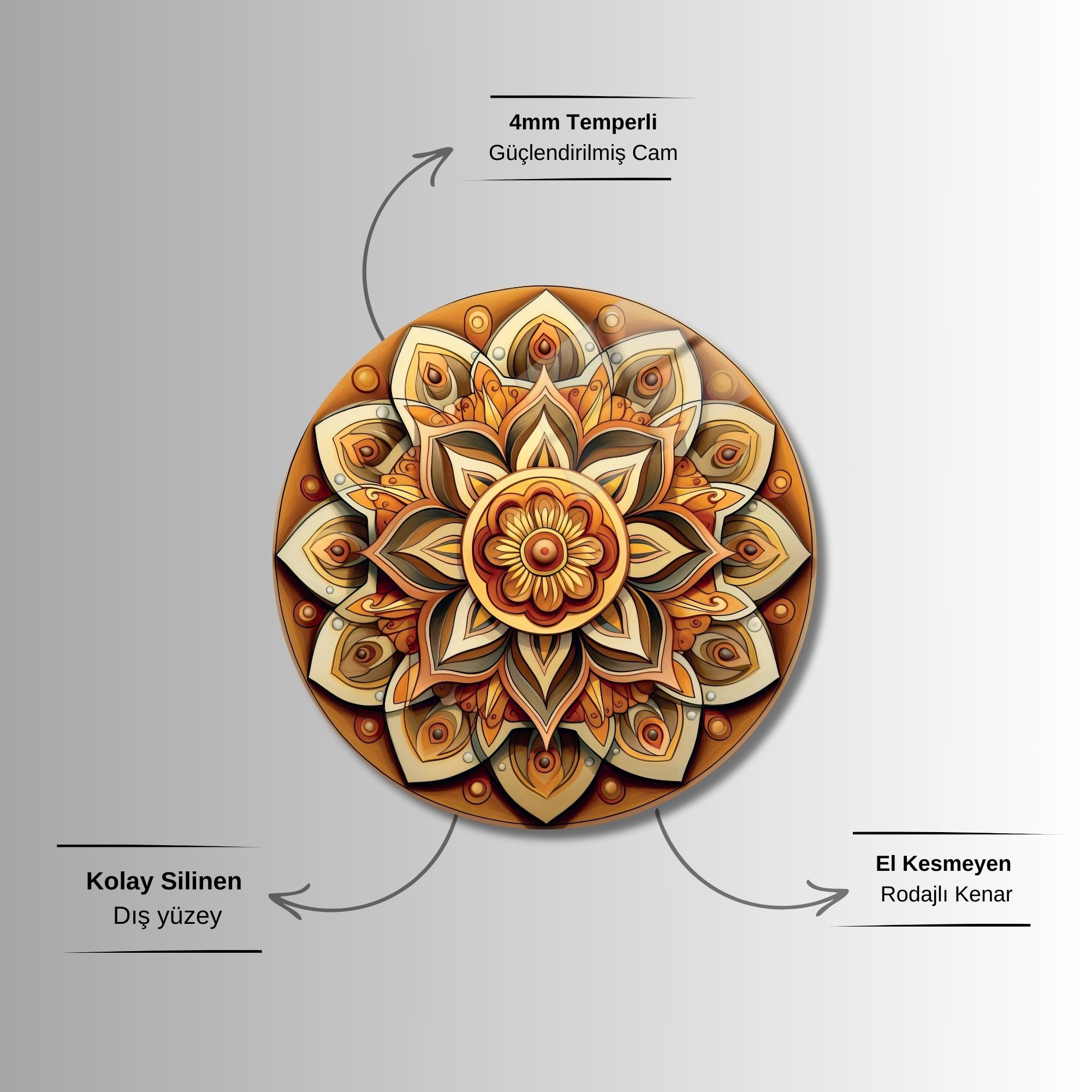 Yuvarlak Temperli Gerçek Cam Tablo Sarı Turuncu Mandala