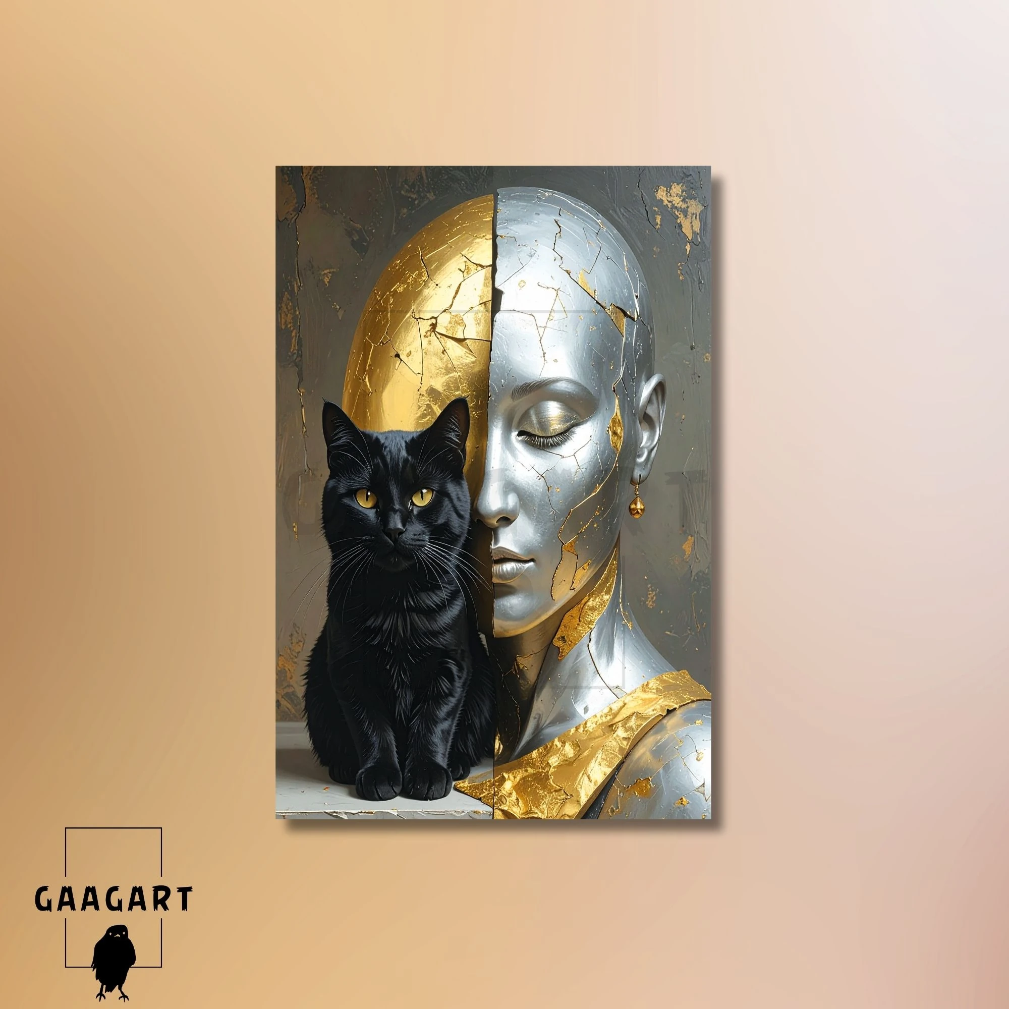 Tekli Dikey Kanvas Tablo Siyah Kedi ve Gold Gümüş Kadın Silüeti