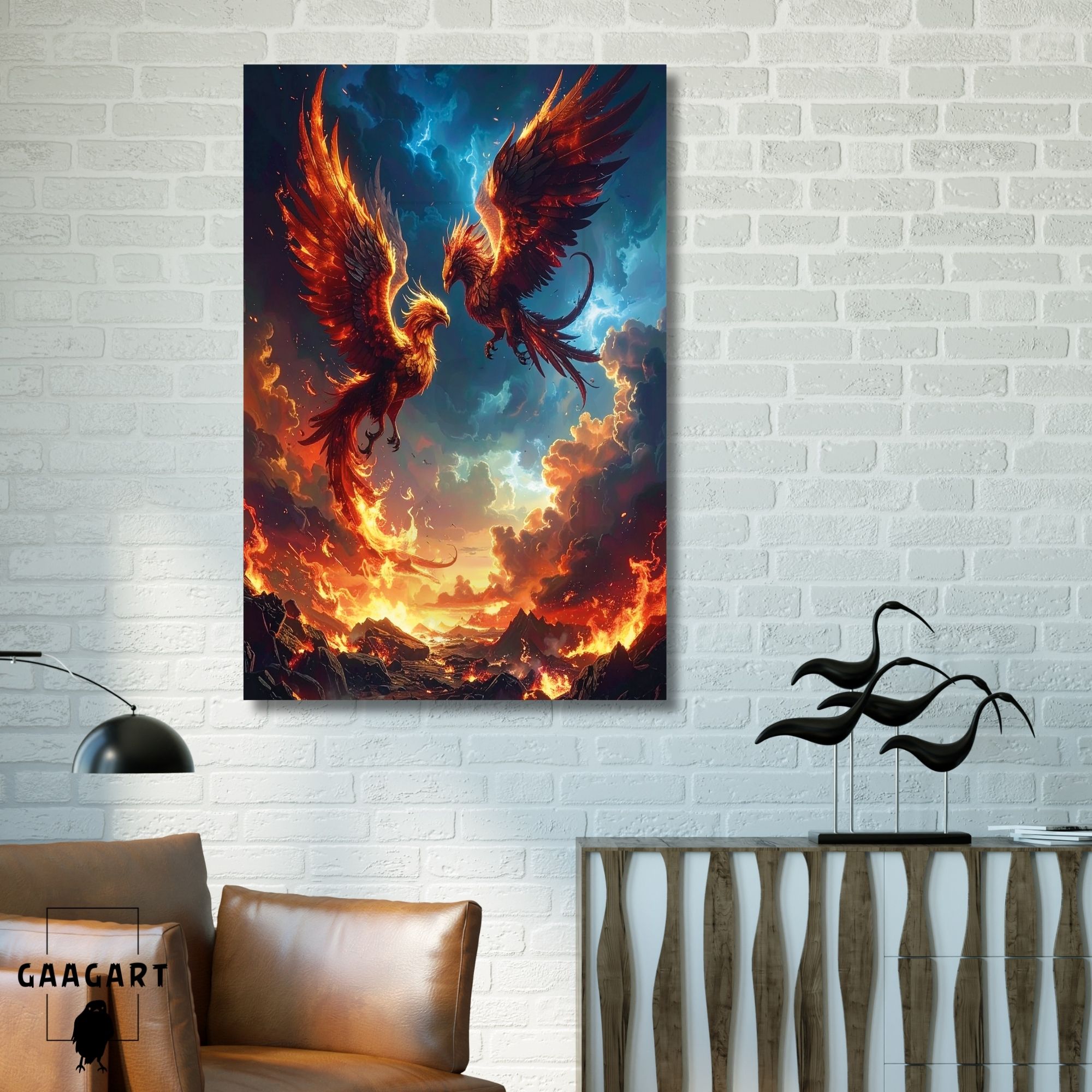 Tekli Dikey Kanvas Tablo Alevler Lavlar İçerisinde Zümrüdü Anka Kuşları