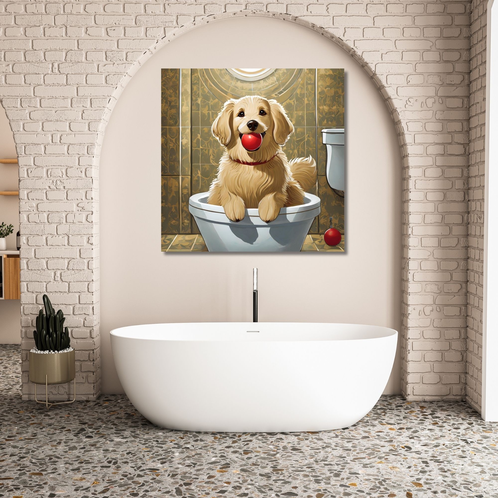 Tekli Kare Kanvas Banyo Tablosu Topla Oynayan Golden Köpek