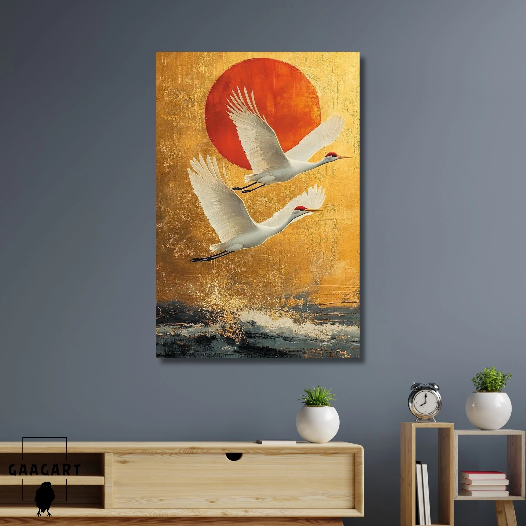 Tekli Dikey Kanvas Tablo Yağlı Boya Görünümlü Uçan Turna Kuşları