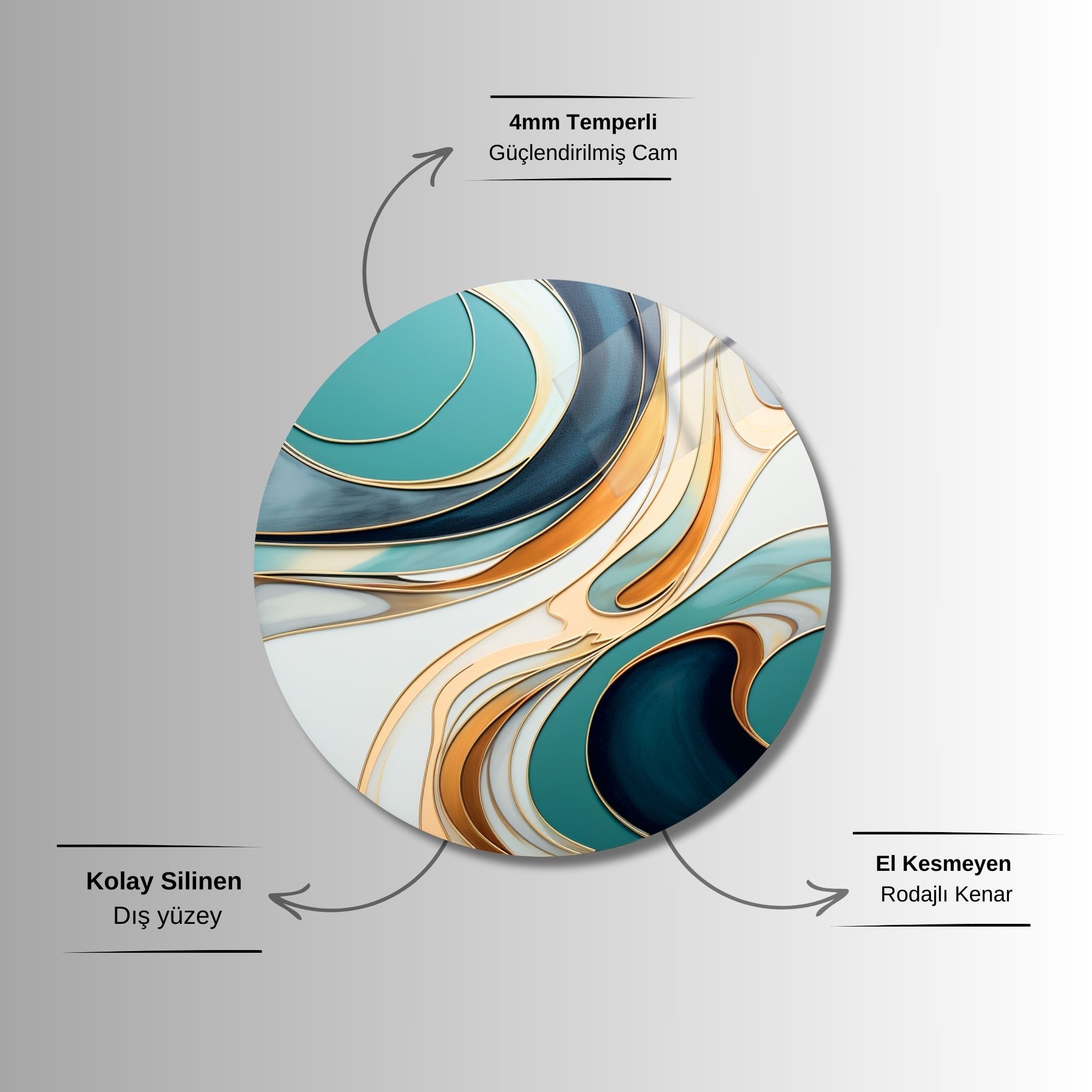 Yuvarlak Temperli Gerçek Cam Tablo Turkuaz Soyut Tasarım