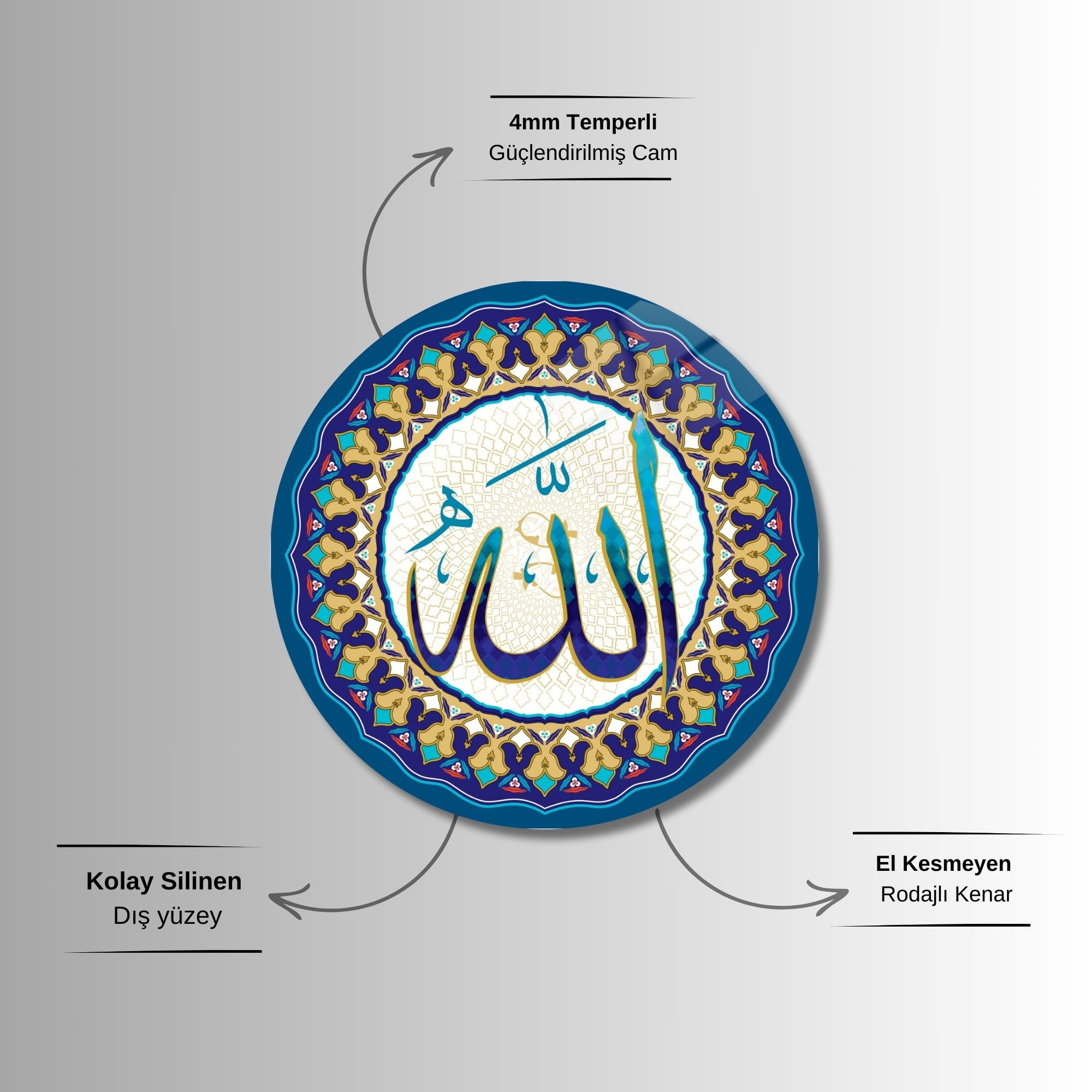 Yuvarlak Temperli Gerçek Cam Dini Tablo Mavi Allah (c.c) Lafzı