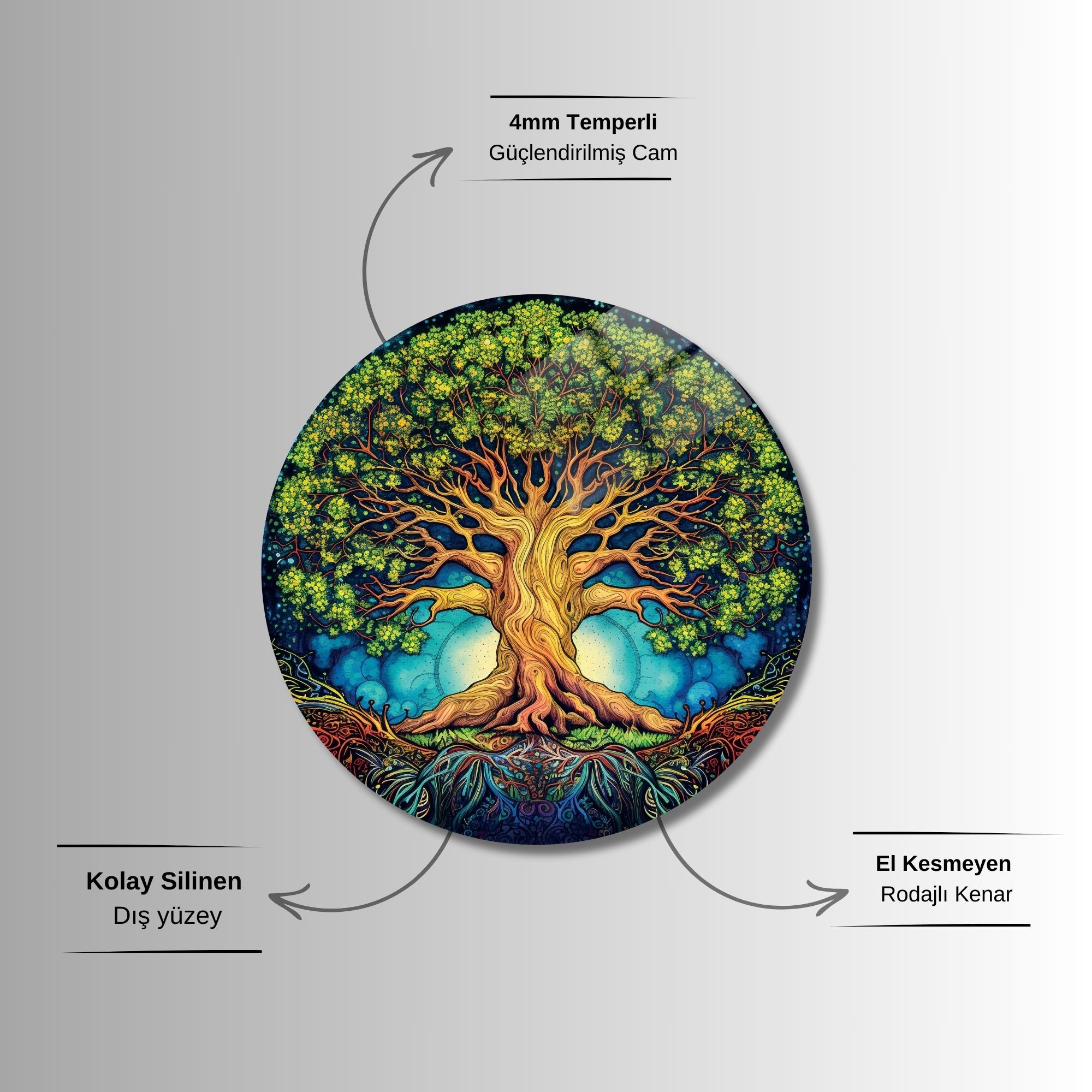 Yuvarlak Temperli Gerçek Cam Tablo Canlı Renkli Hayat Ağacı