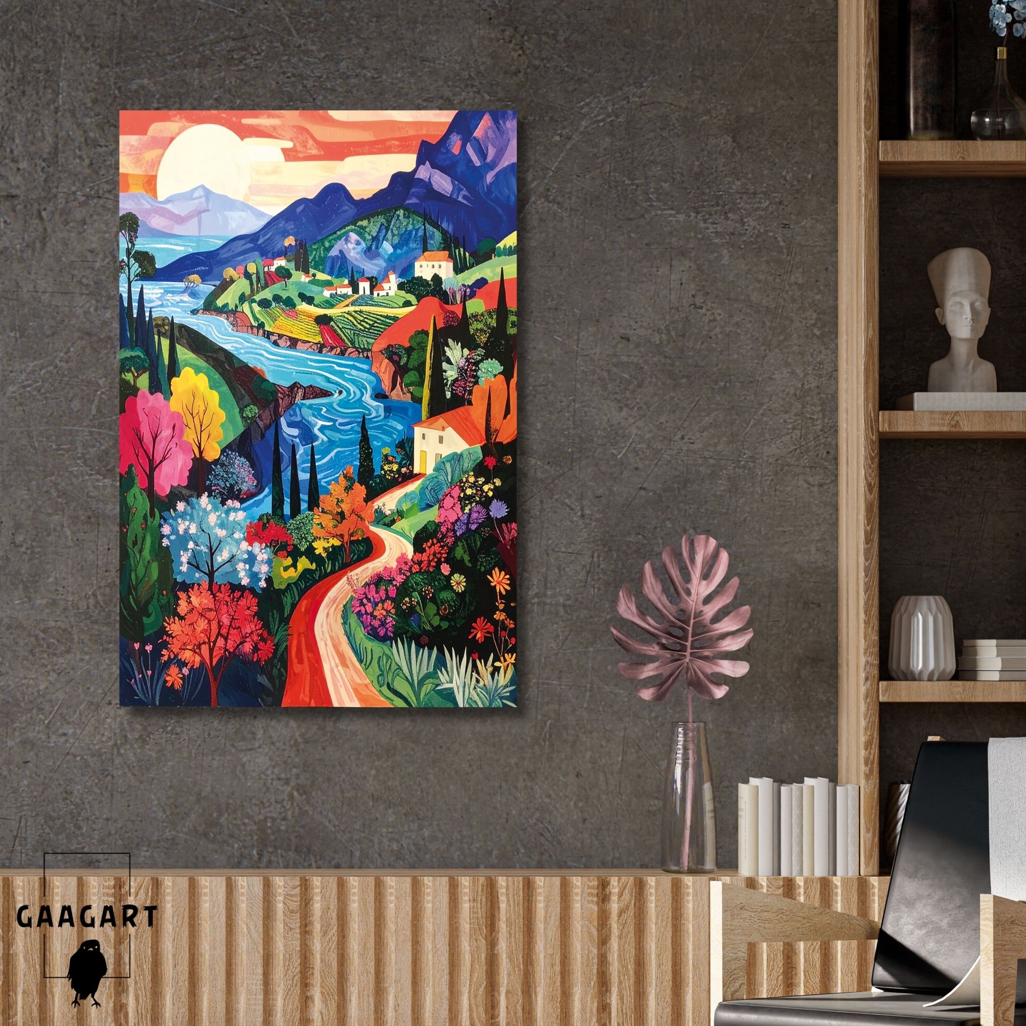 Tekli Dikey Kanvas Tablo Nehir Evler ve Yol Manzarası