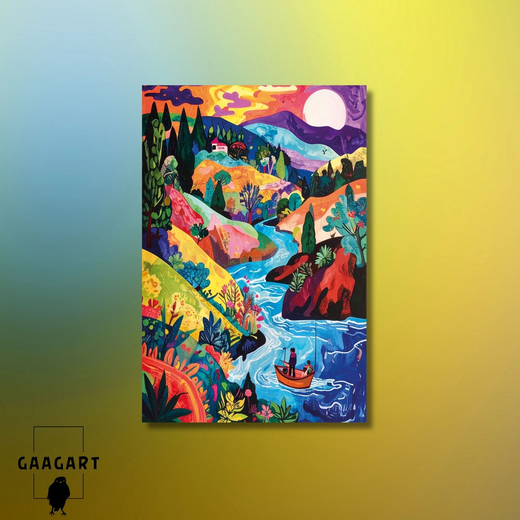 Tekli Dikey Kanvas Tablo Çok Renkli Kayık ve Manzara